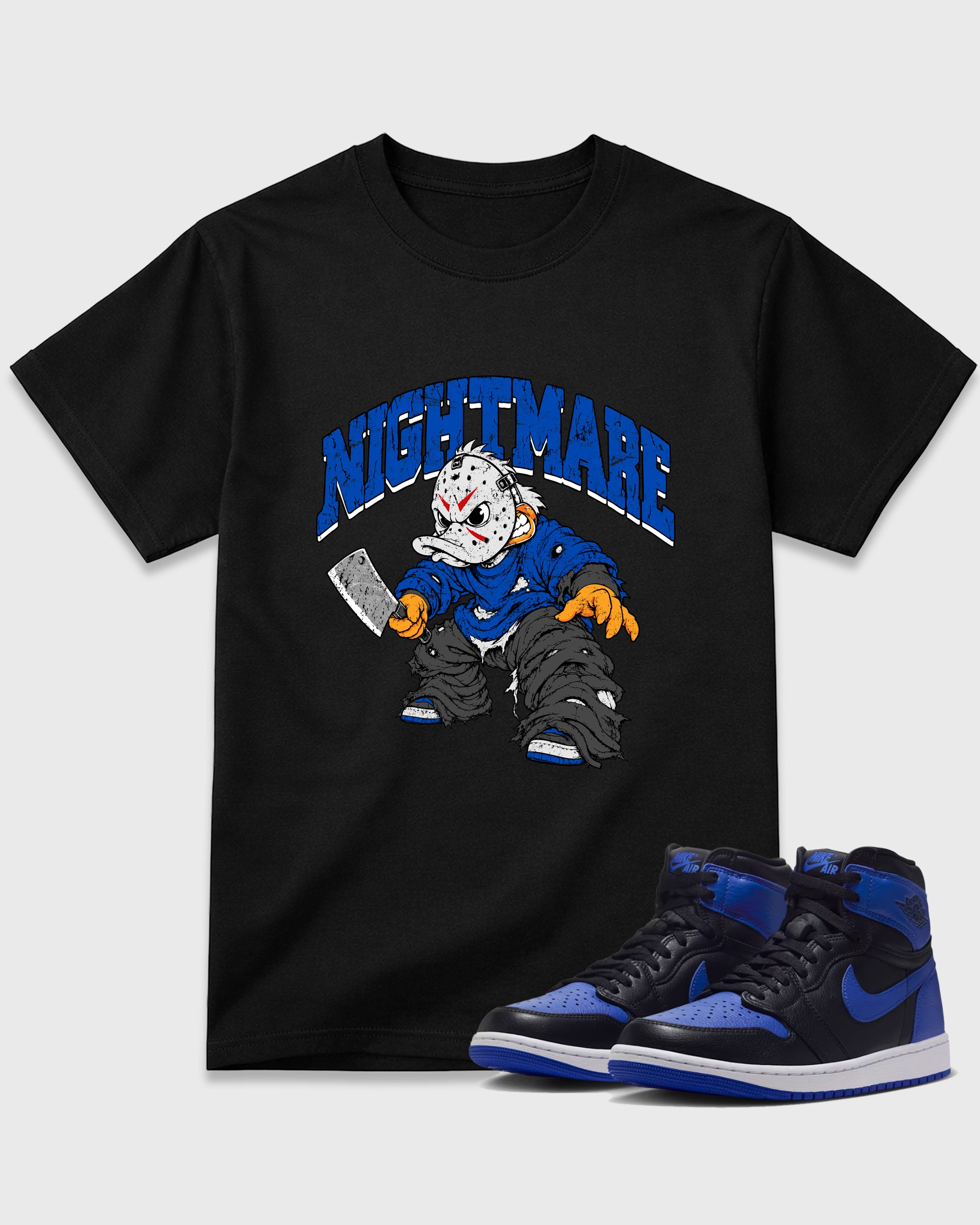 Nightmare Graphic T-Shirt featuring original streetwear artwork designed to match the Air Jordan 1 Royal. Black 1 Graphic T-Shirt.