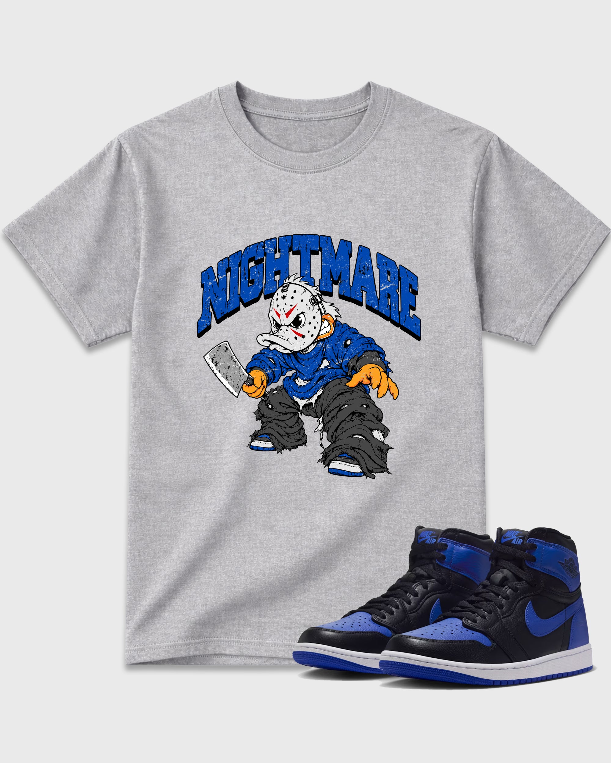 Nightmare Graphic T-Shirt featuring original streetwear artwork designed to match the Air Jordan 1 Royal. Heather Grey 1 Graphic T-Shirt.