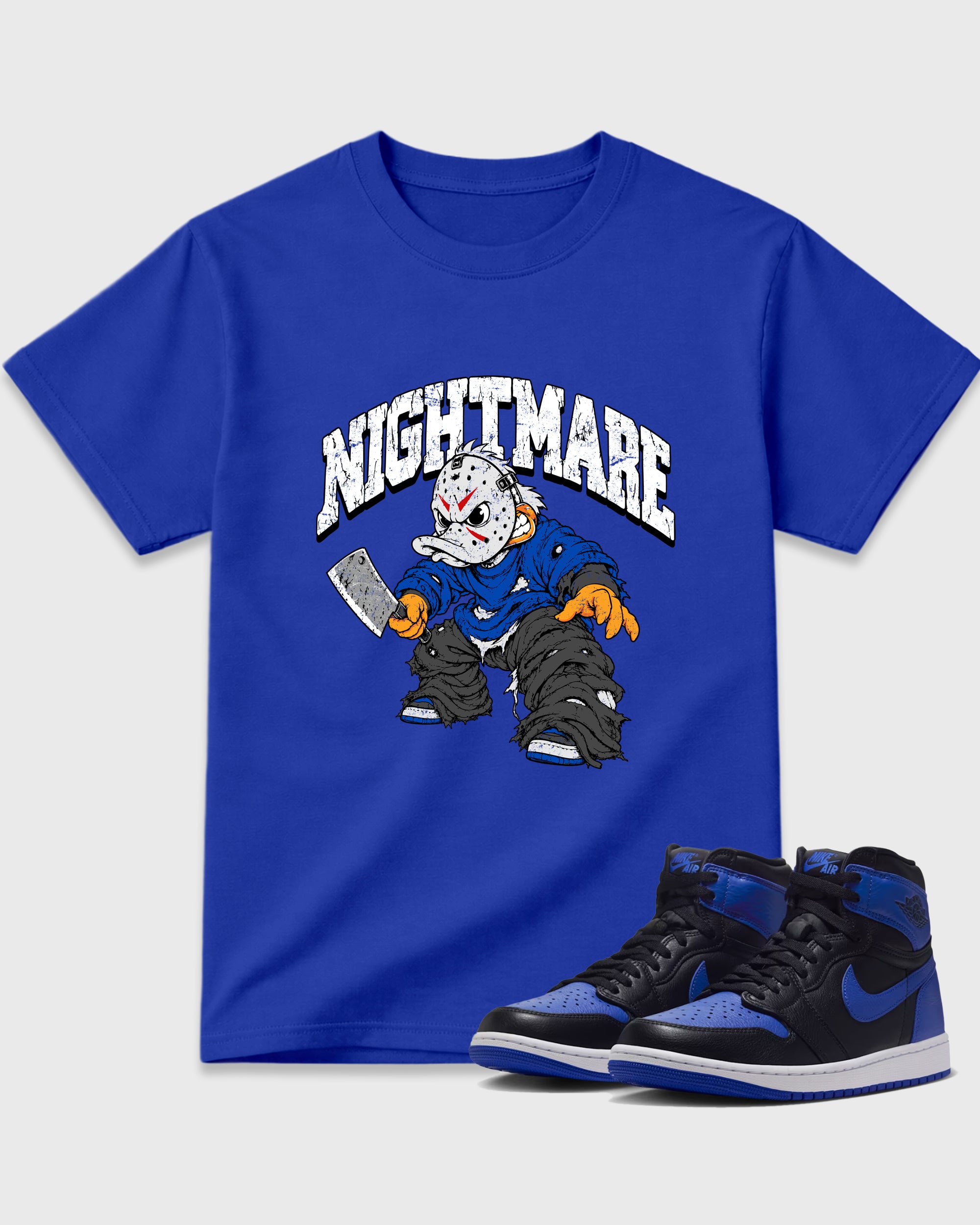 Nightmare Graphic T-Shirt featuring original streetwear artwork designed to match the Air Jordan 1 Royal. Royal Blue 1 Graphic T-Shirt.