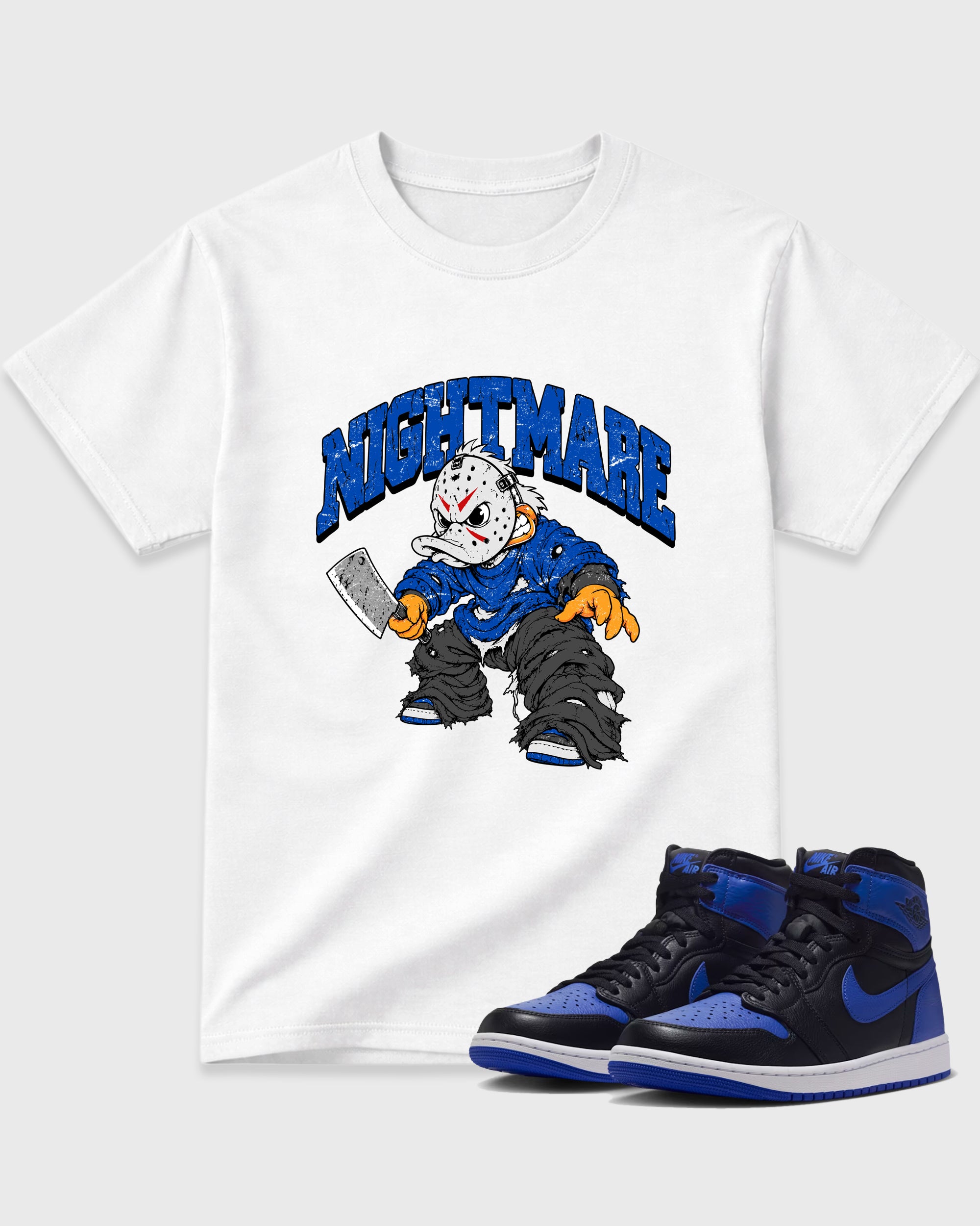 Nightmare Graphic T-Shirt featuring original streetwear artwork designed to match the Air Jordan 1 Royal. White 1 Graphic T-Shirt.