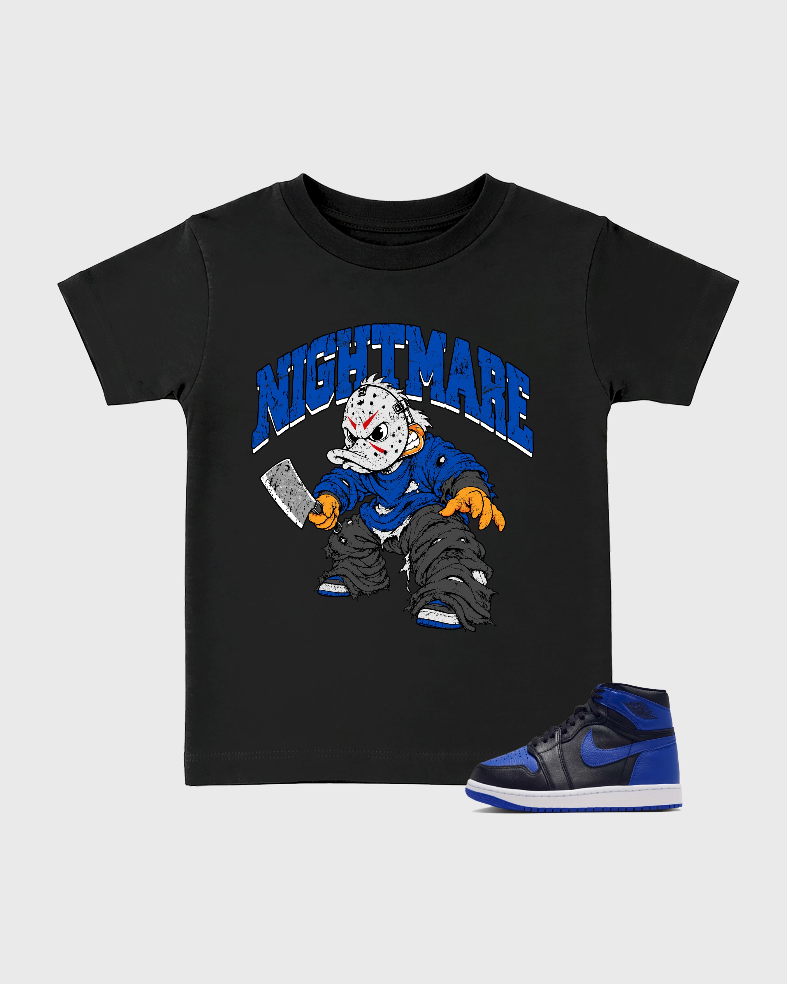 Nightmare Baby & Kids Graphic T-Shirt featuring original artwork designed to match the Air Jordan 1 Royal. Black 1 Kids Graphic Tee.