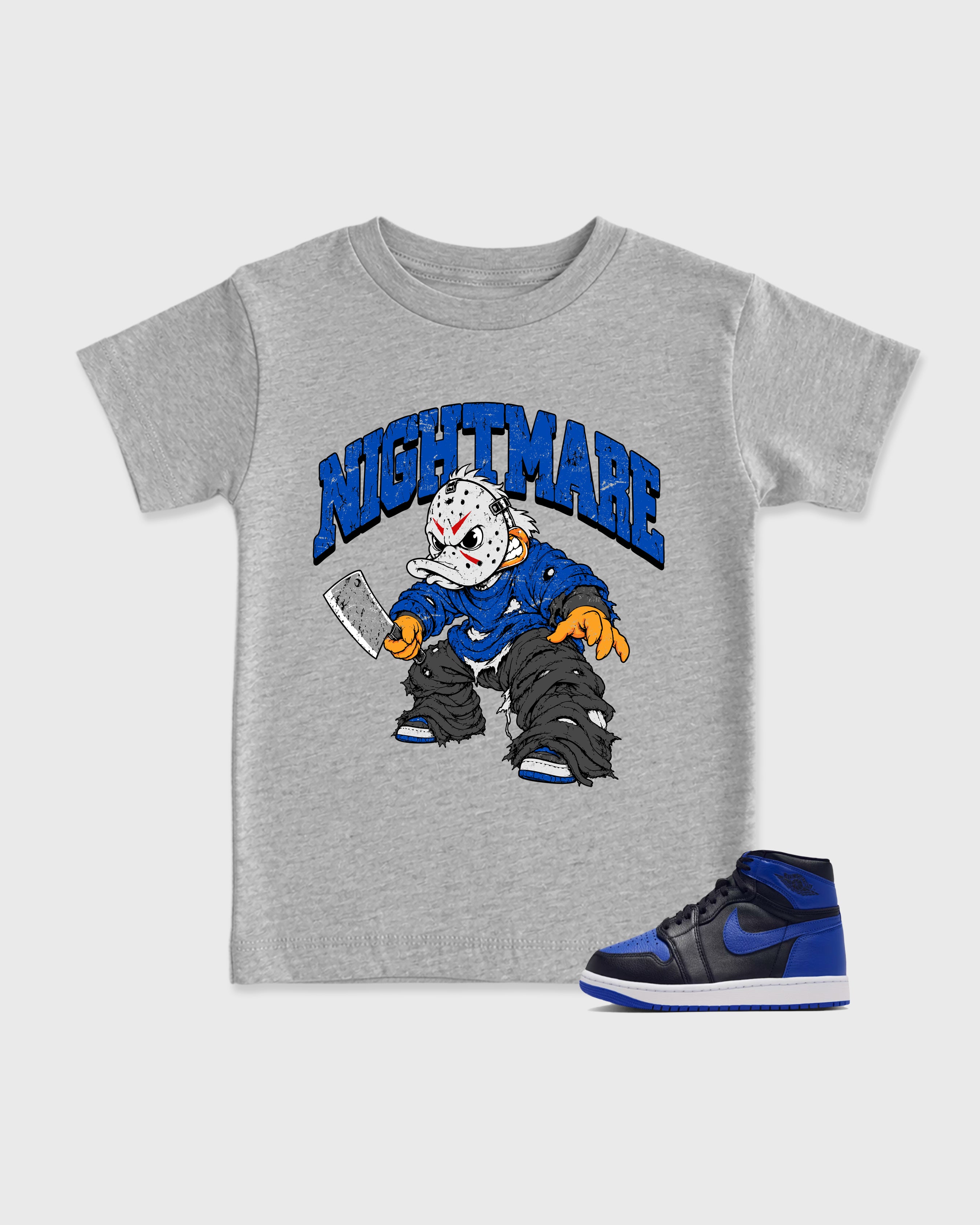 Nightmare Baby & Kids Graphic T-Shirt featuring original artwork designed to match the Air Jordan 1 Royal. Heather Grey 1 Kids Graphic Tee.