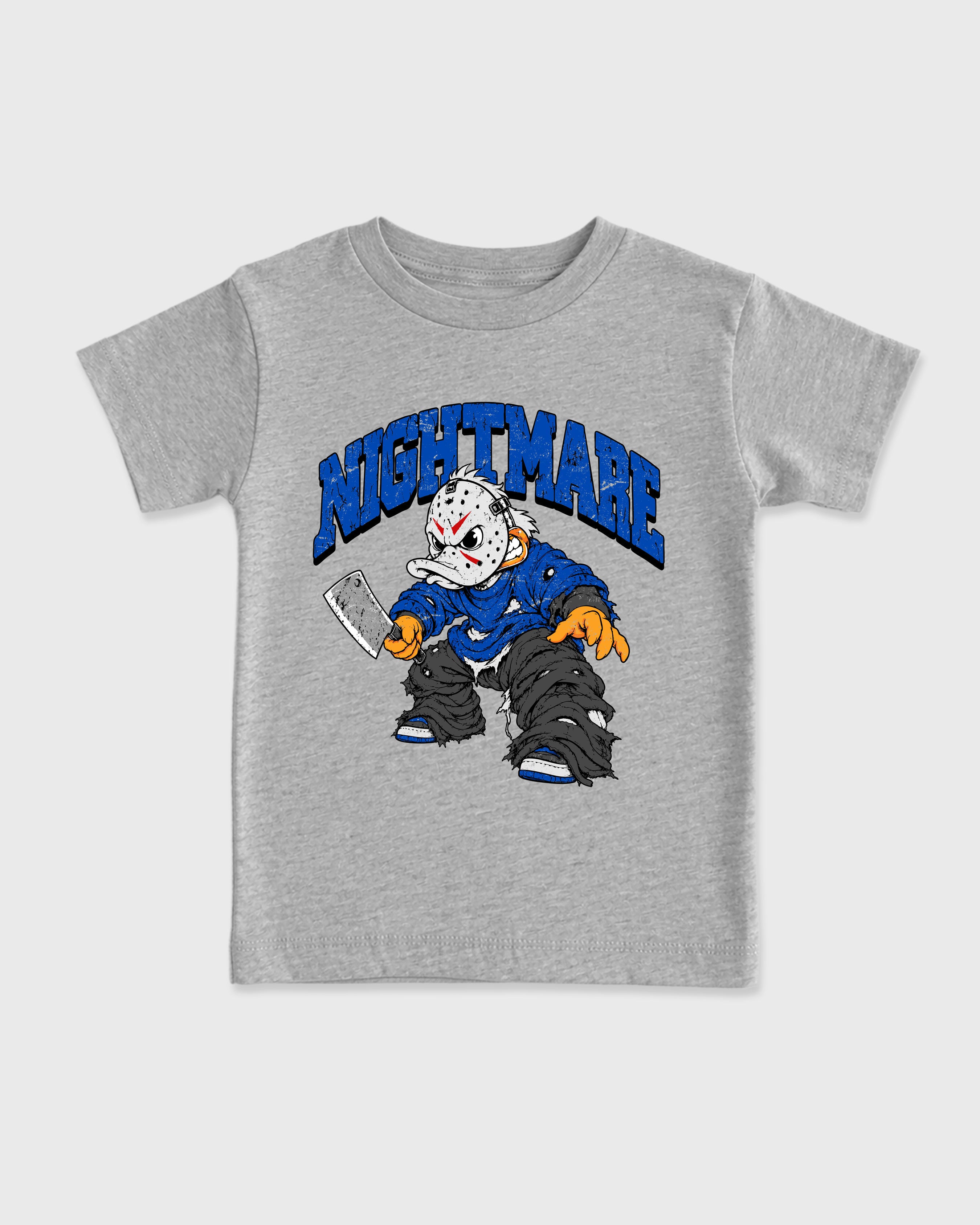 Nightmare Baby & Kids Graphic T-Shirt featuring original artwork designed to match the Air Jordan 1 Royal. Heather Grey 2 Kids Graphic Tee.