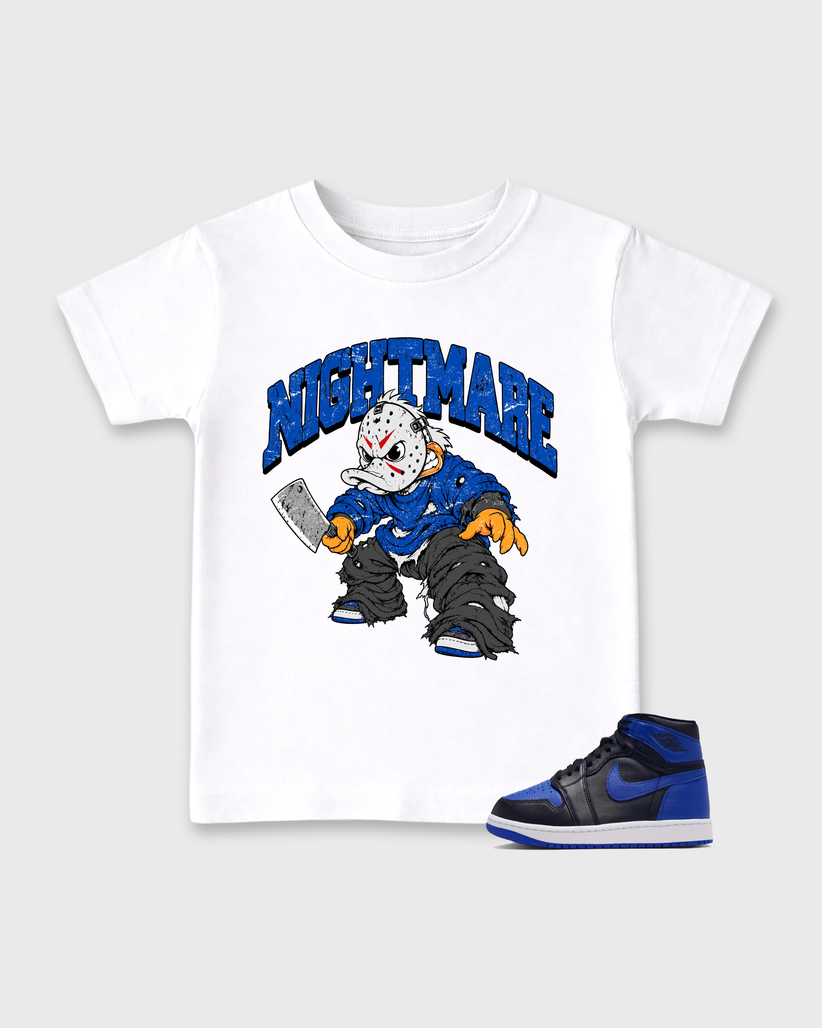 Nightmare Baby & Kids Graphic T-Shirt featuring original artwork designed to match the Air Jordan 1 Royal. White 1 Kids Graphic Tee.