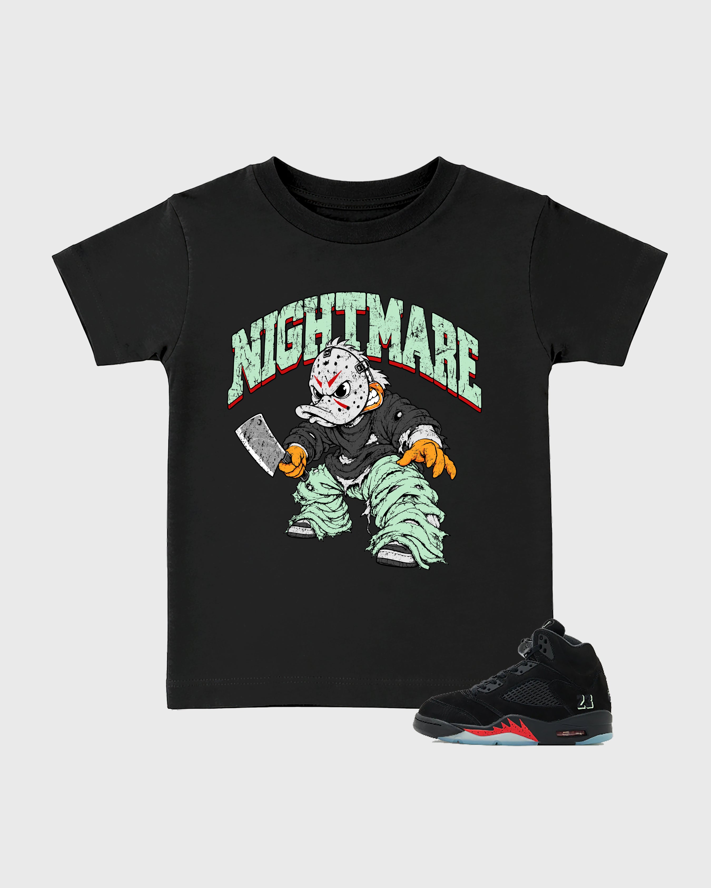 Nightmare Baby & Kids Graphic T-Shirt featuring original artwork designed to match the Air Jordan 5 Halloween. Black 1 Kids Graphic Tee.