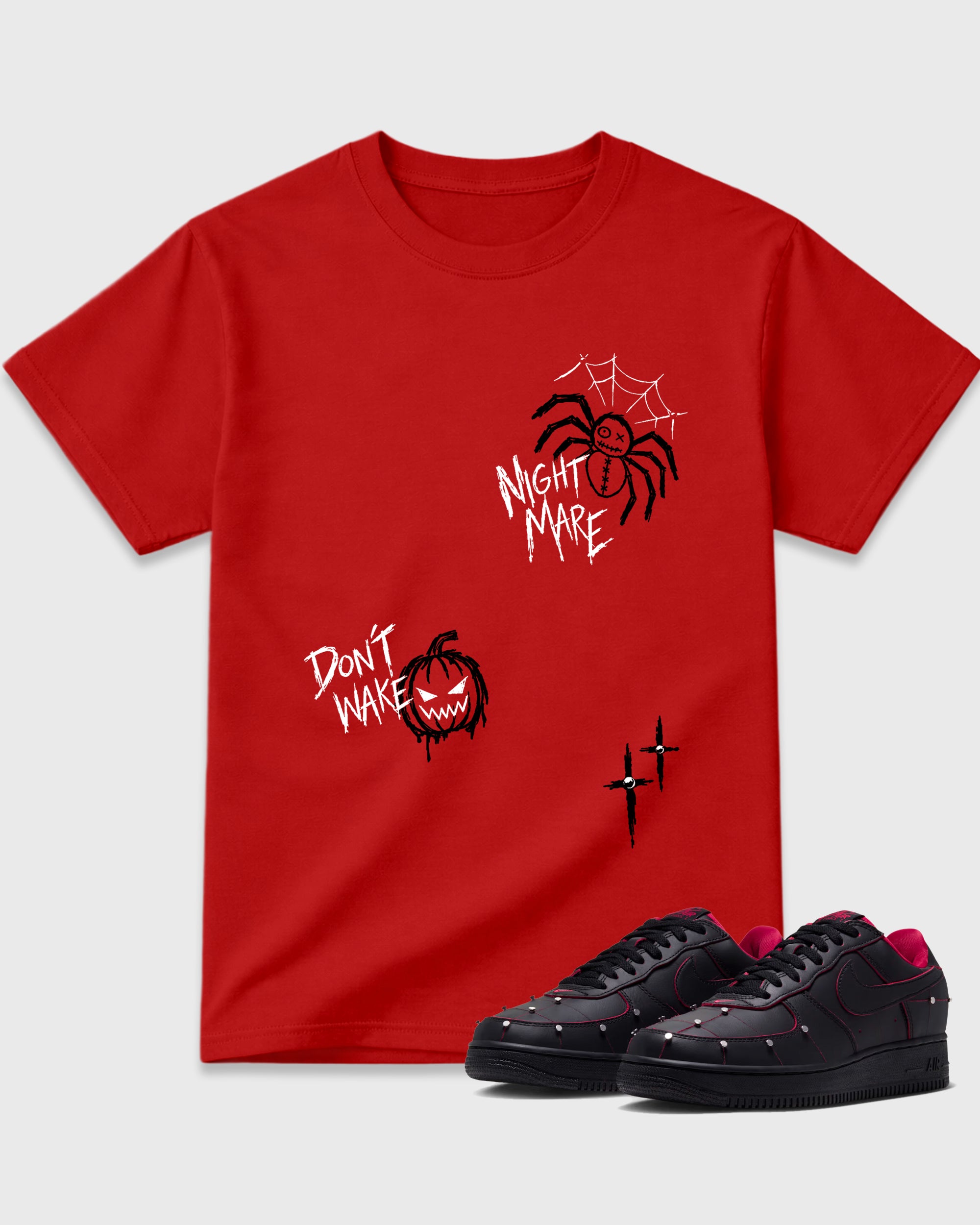 Nightmare Doodles Graphic T-Shirt featuring original streetwear artwork designed to match the Air Force 1 Nightmare. Red 1 Graphic T-Shirt.
