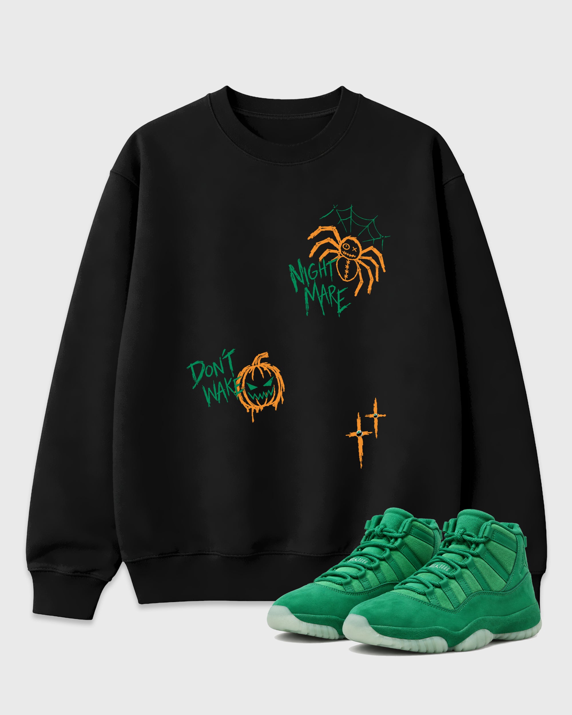 Nightmare Doodles Graphic T-Shirt featuring original streetwear artwork designed to match the Air Jordan 11 Green Screen. Black 1 Graphic Tee.