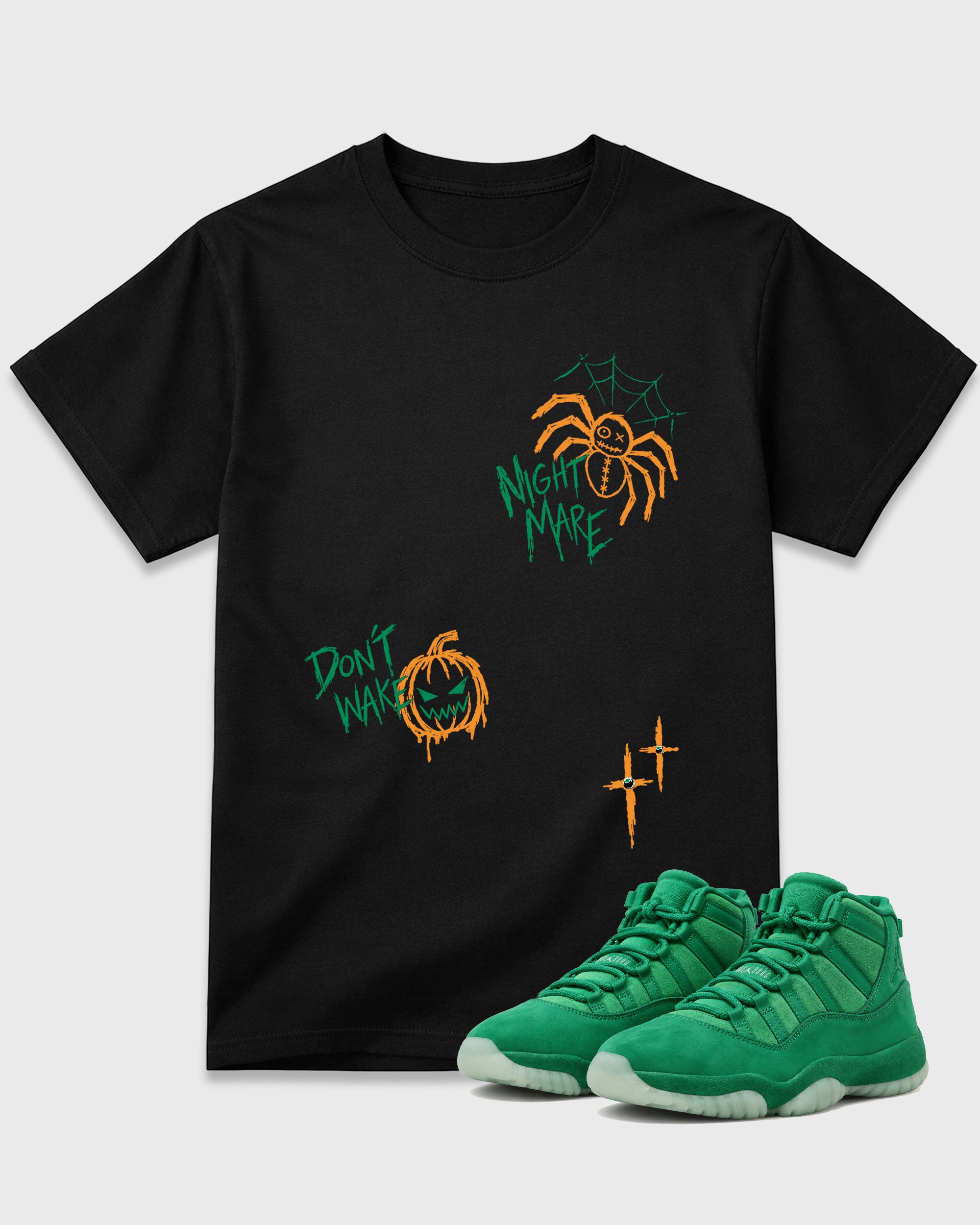 Nightmare Doodles Graphic T-Shirt featuring original streetwear artwork designed to match the Air Jordan 11 Green Screen. Black 1 Graphic T-Shirt.