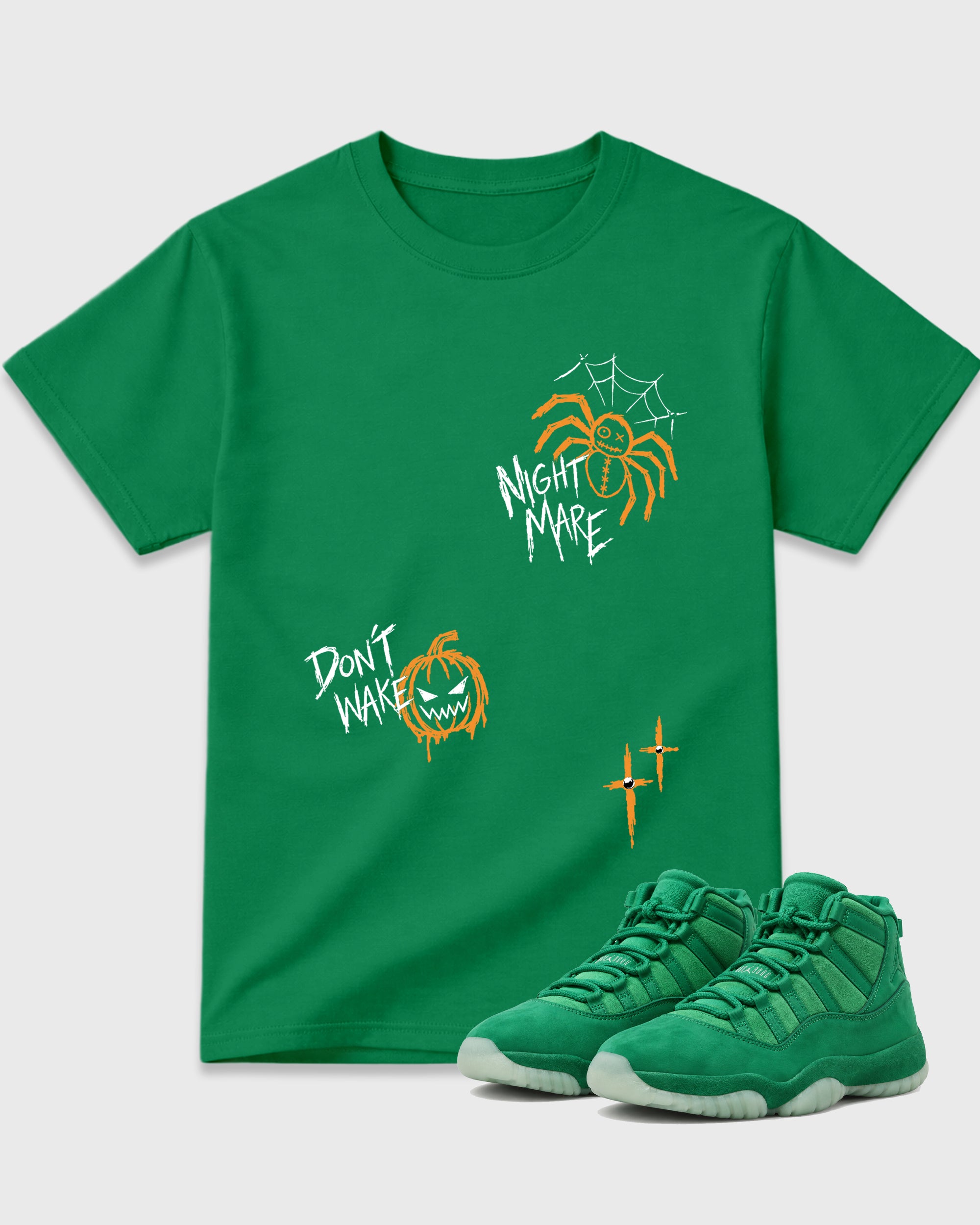 Nightmare Doodles Graphic T-Shirt featuring original streetwear artwork designed to match the Air Jordan 11 Green Screen. Kelly Green 1 Graphic T-Shirt.