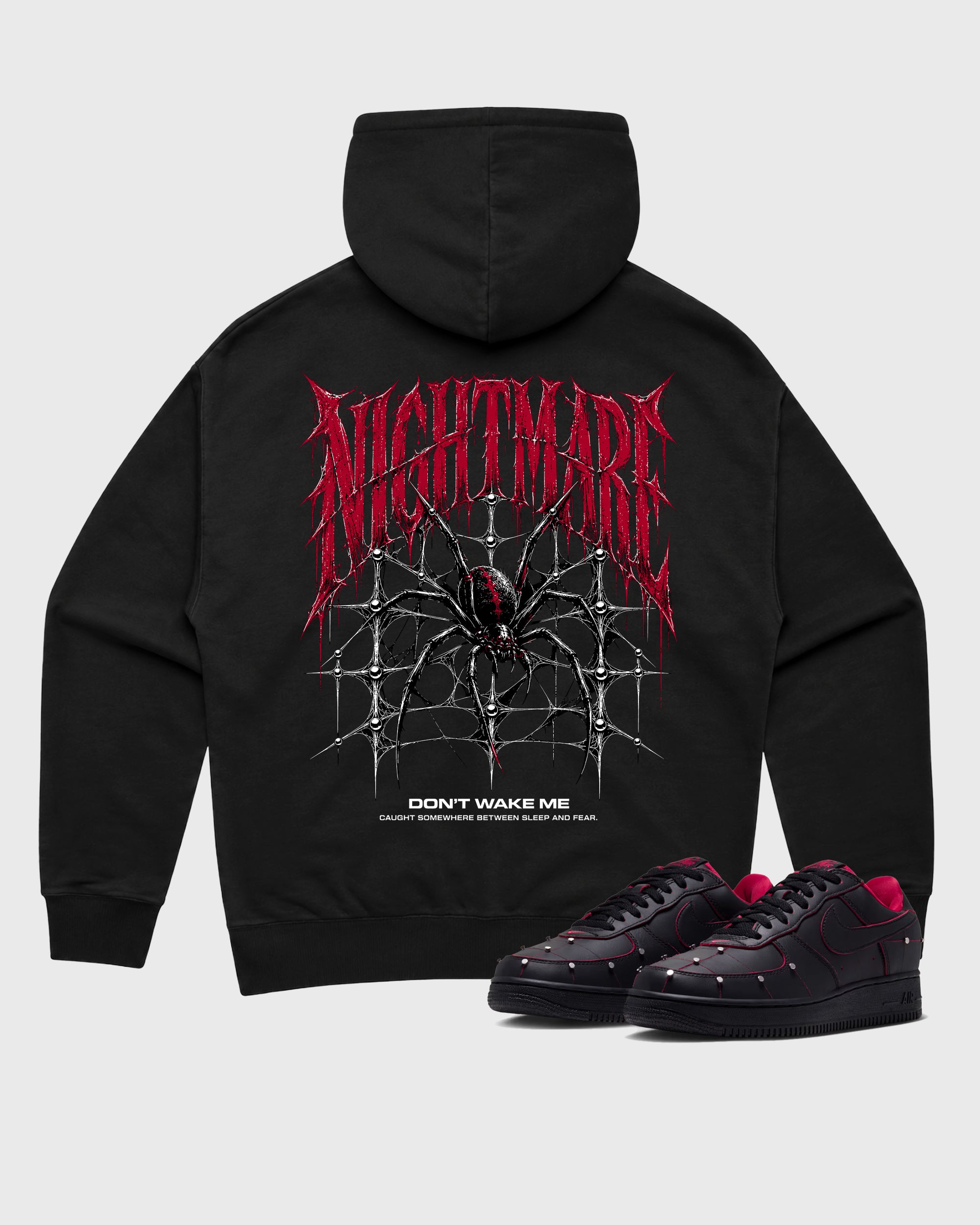 Nightmare Web Black Graphic Hoodie - 1, a sneaker matching hoodie designed to pair with Air Force 1 "Nightmare" Black and Gym Redsneakers for a coordinated sneaker outfit.