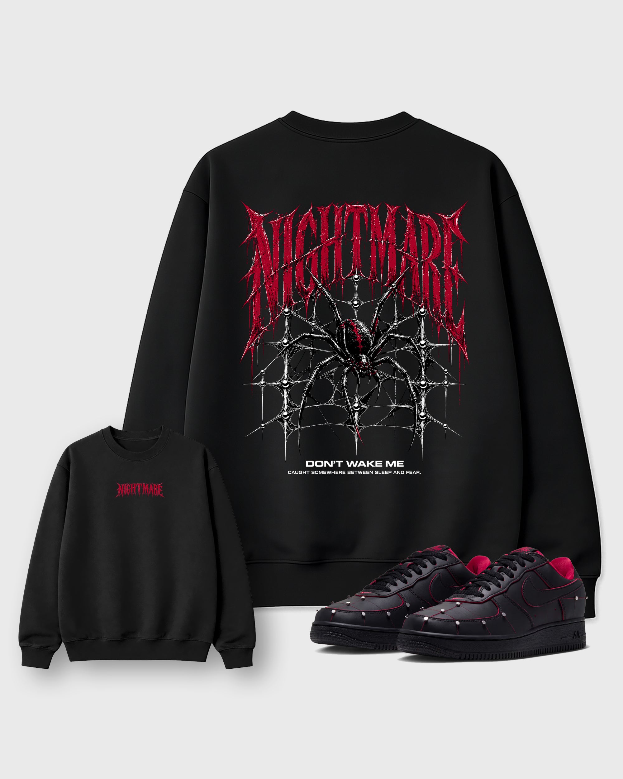 Nightmare Web Black Graphic Sweatshirt - 1, a sneaker matching sweatshirt designed to coordinate with Air Force 1 "Nightmare" Black and Gym Redsneakers for a complete sneaker outfit.