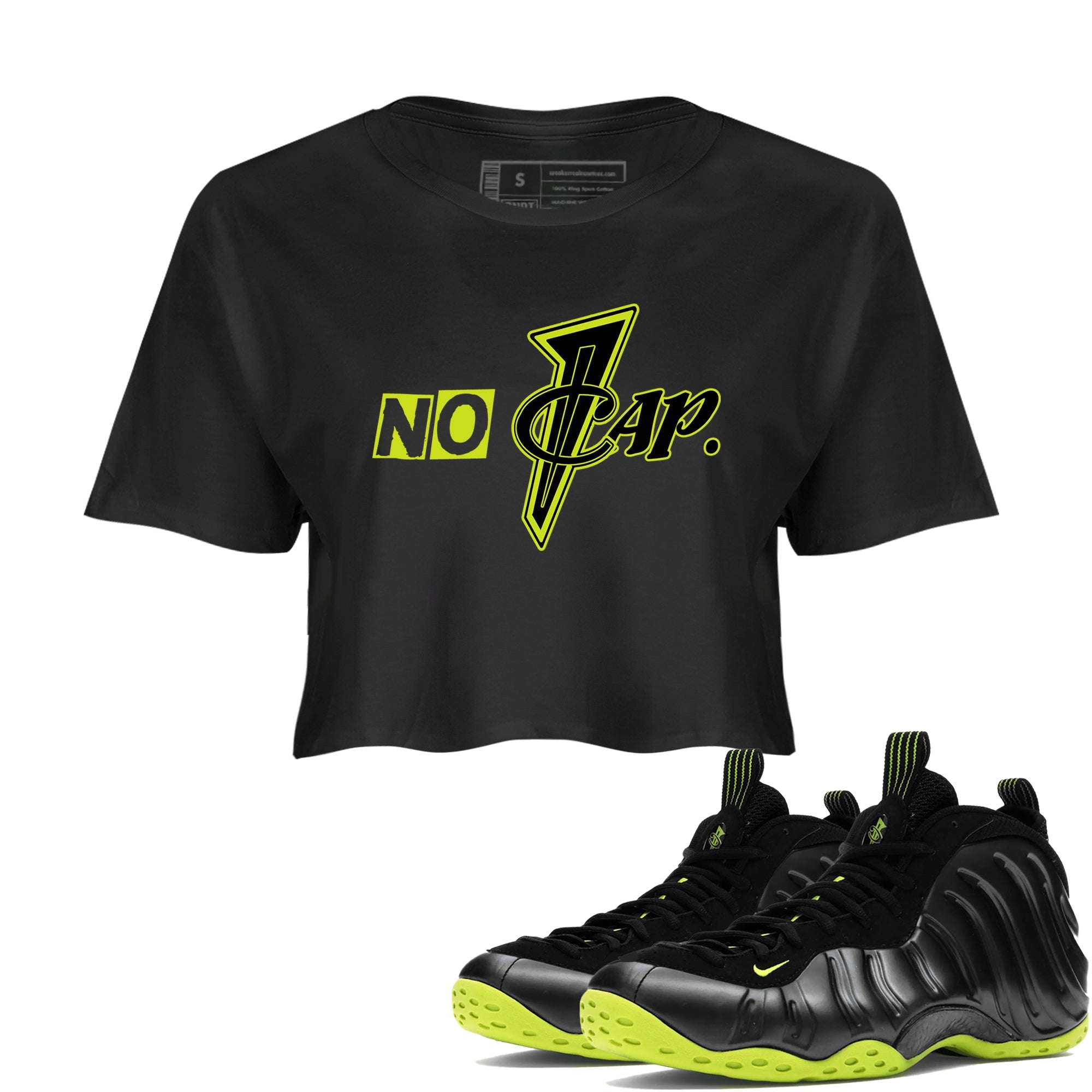 Foams One Black Volt shirts to match jordans No Cap sneaker match tees Air Foamposite One Black and Volt match shoes to clothes SNRT Sneaker Tees unisex cotton Black 1 crop tee