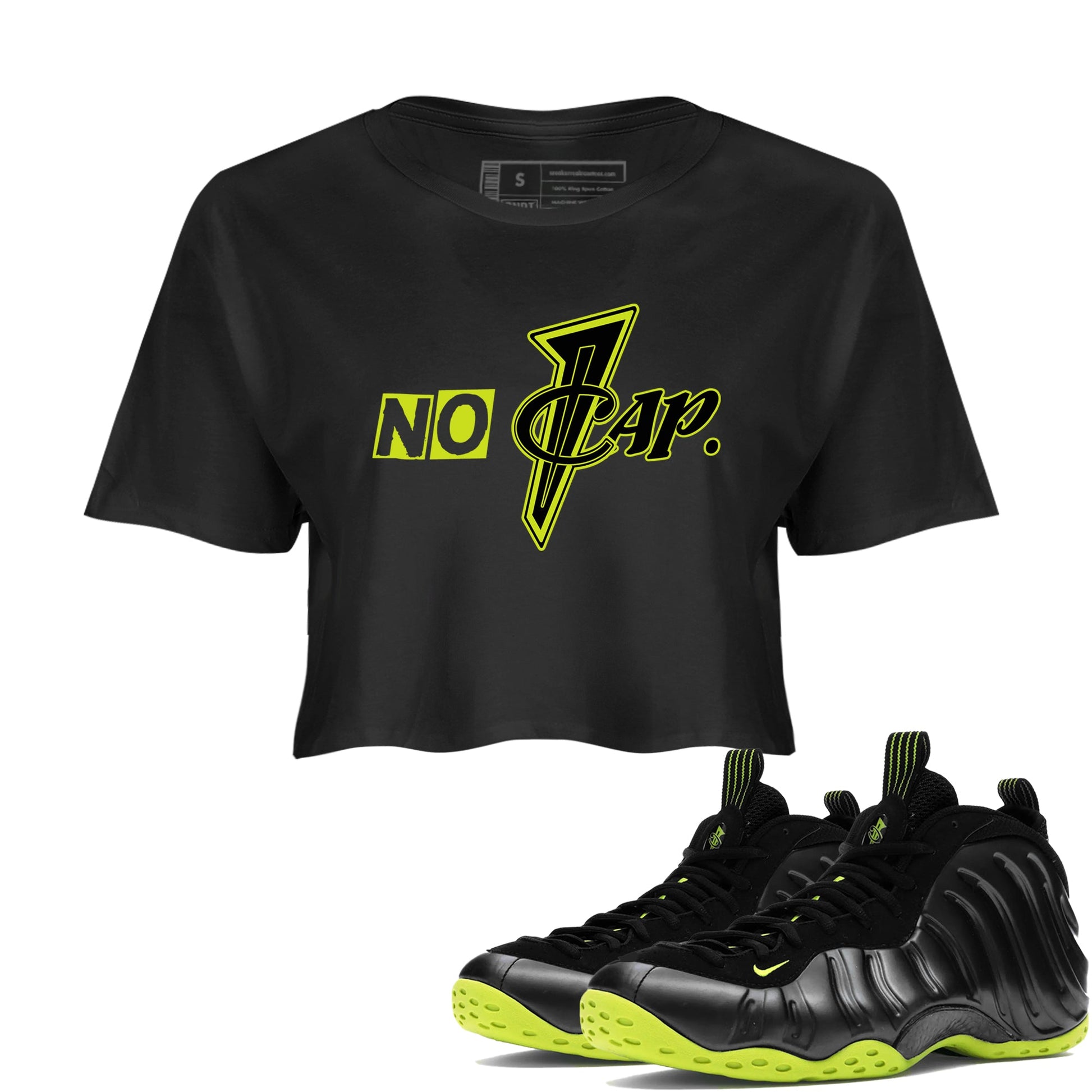 Foams One Black Volt shirts to match jordans No Cap sneaker match tees Air Foamposite One Black and Volt match shoes to clothes SNRT Sneaker Tees unisex cotton Black 1 crop tee
