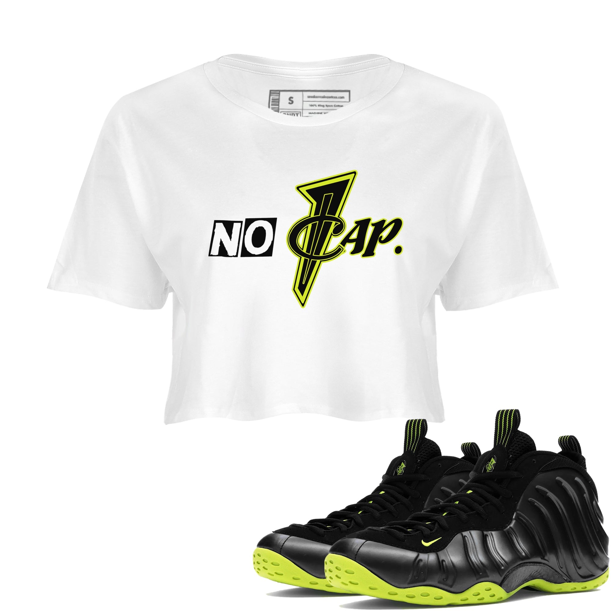Foams One Black Volt shirts to match jordans No Cap sneaker match tees Air Foamposite One Black and Volt match shoes to clothes SNRT Sneaker Tees unisex cotton White 1 crop tee