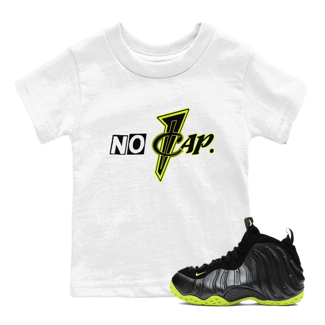 Foams One Black Volt shirts to match jordans No Cap sneaker match tees Air Foamposite One Black and Volt match shoes to clothes SNRT Sneaker Tees Youth Baby White 1 tee