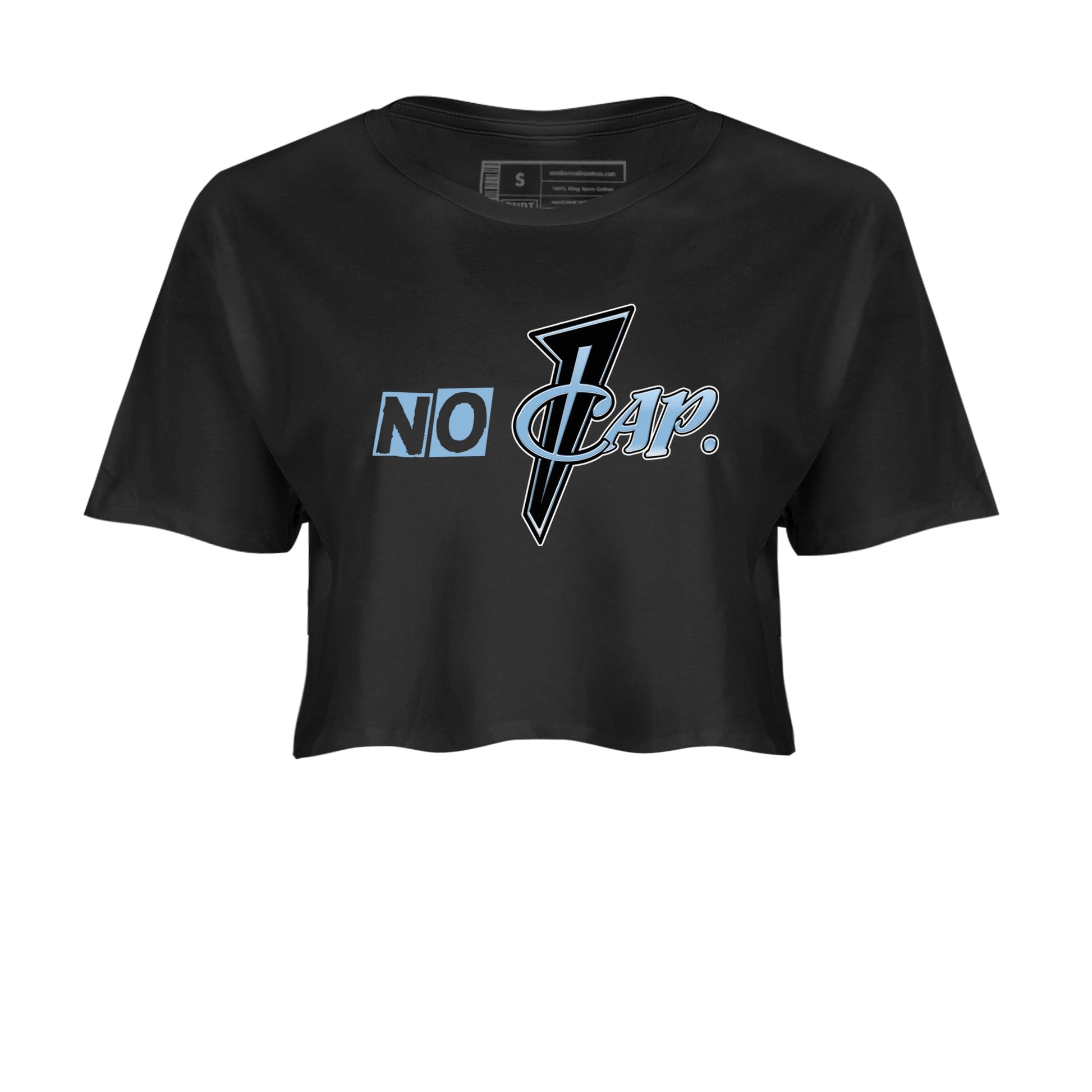 No Cap womens crop tee made to vibe with the Air Foamposite One Psychic Blue sneakers — the perfect match in Black 2.