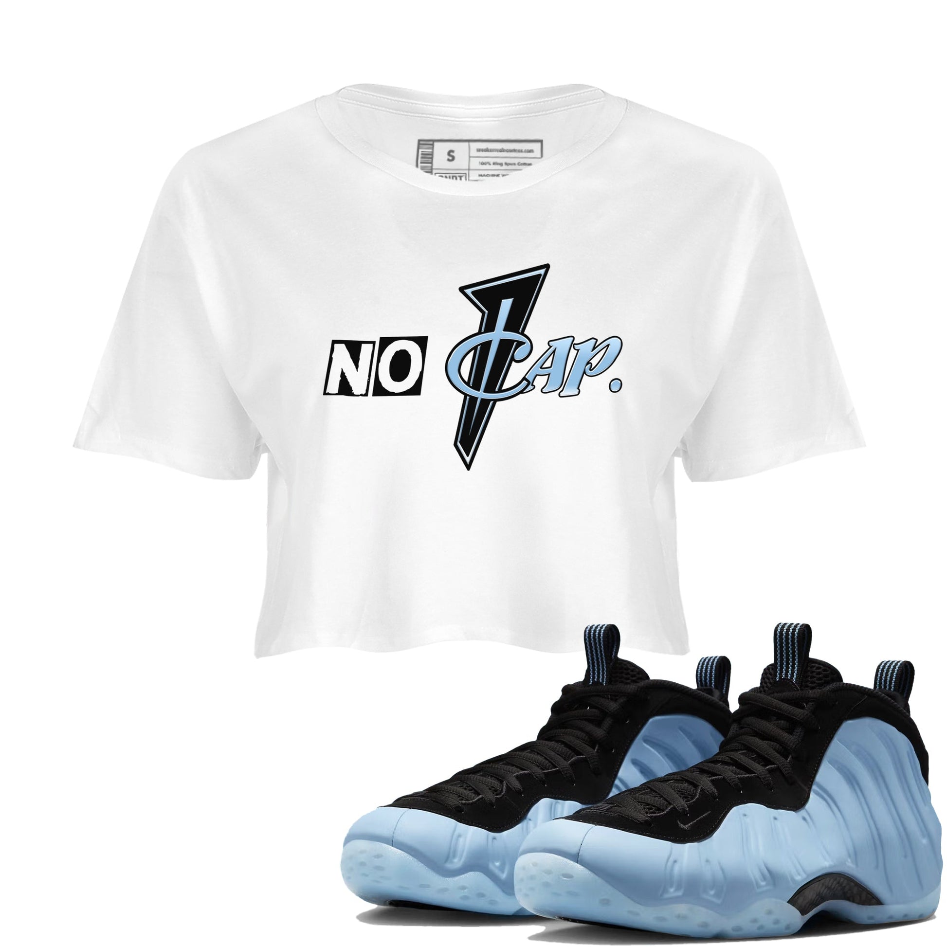 No Cap womens crop tee made to vibe with the Air Foamposite One Psychic Blue sneakers — the perfect match in White 1.