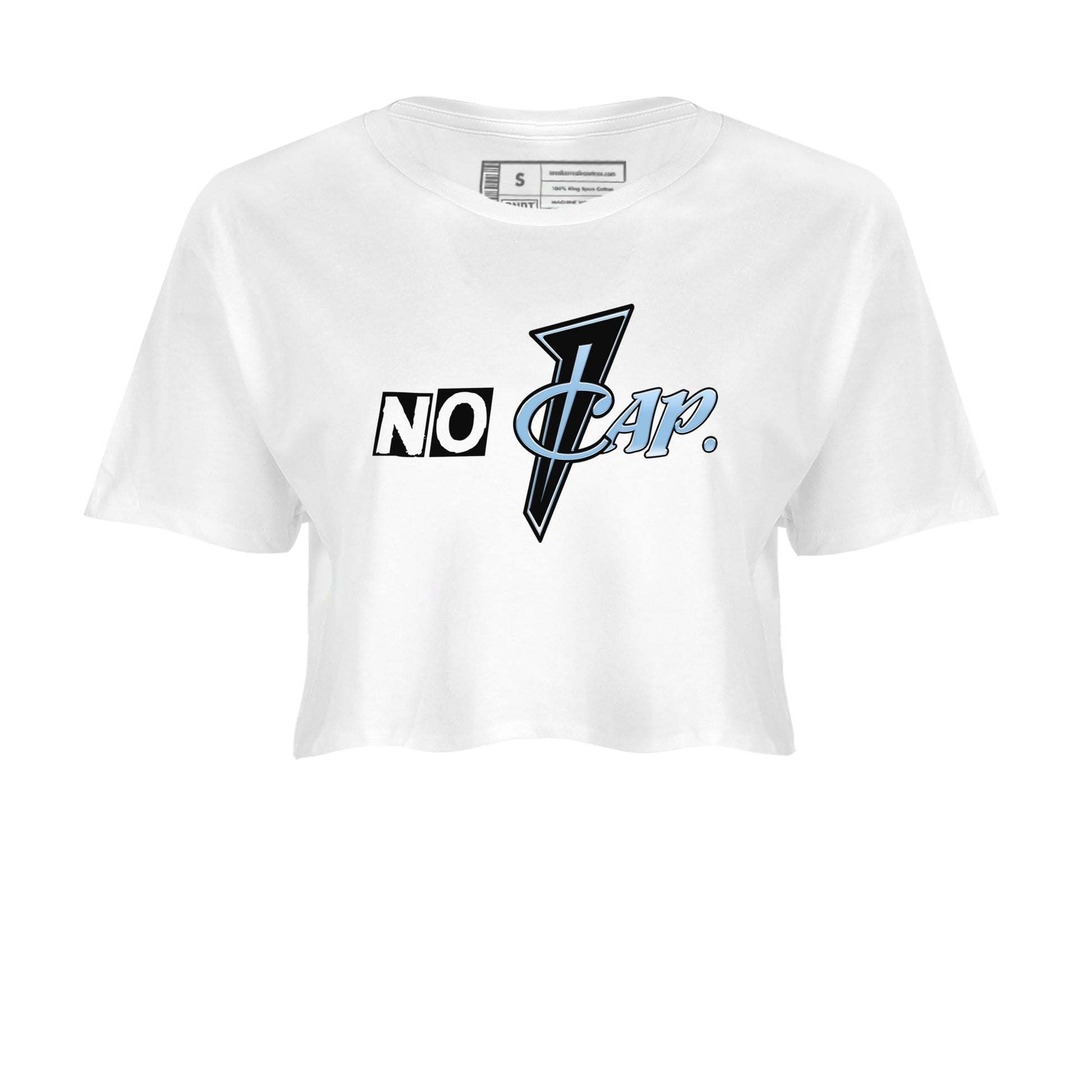 No Cap womens crop tee made to vibe with the Air Foamposite One Psychic Blue sneakers — the perfect match in White 2.
