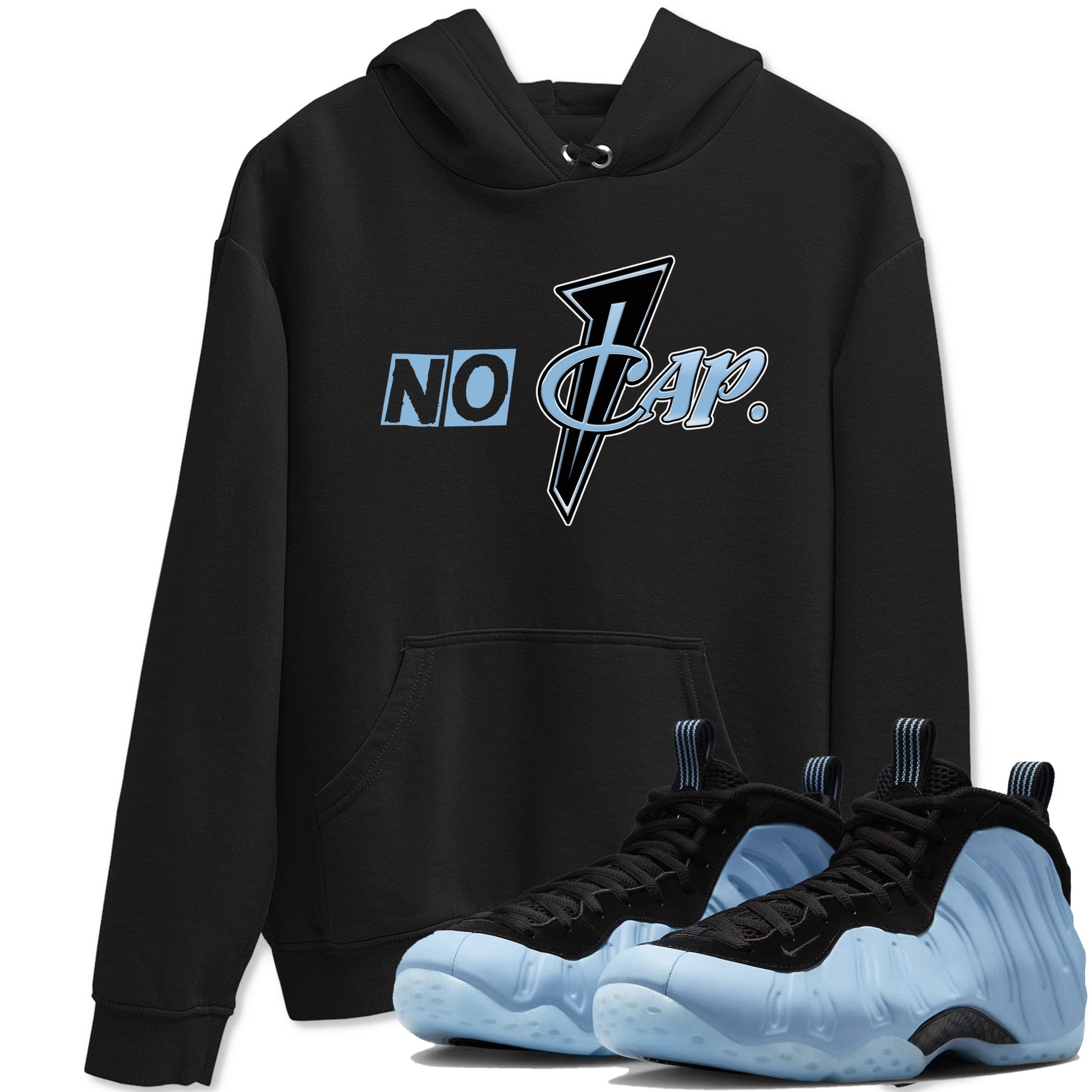 No Cap sneaker match t-shirt styled to complete your fit with the Air Foamposite One Psychic Blue sneakers, shown in Black 1.