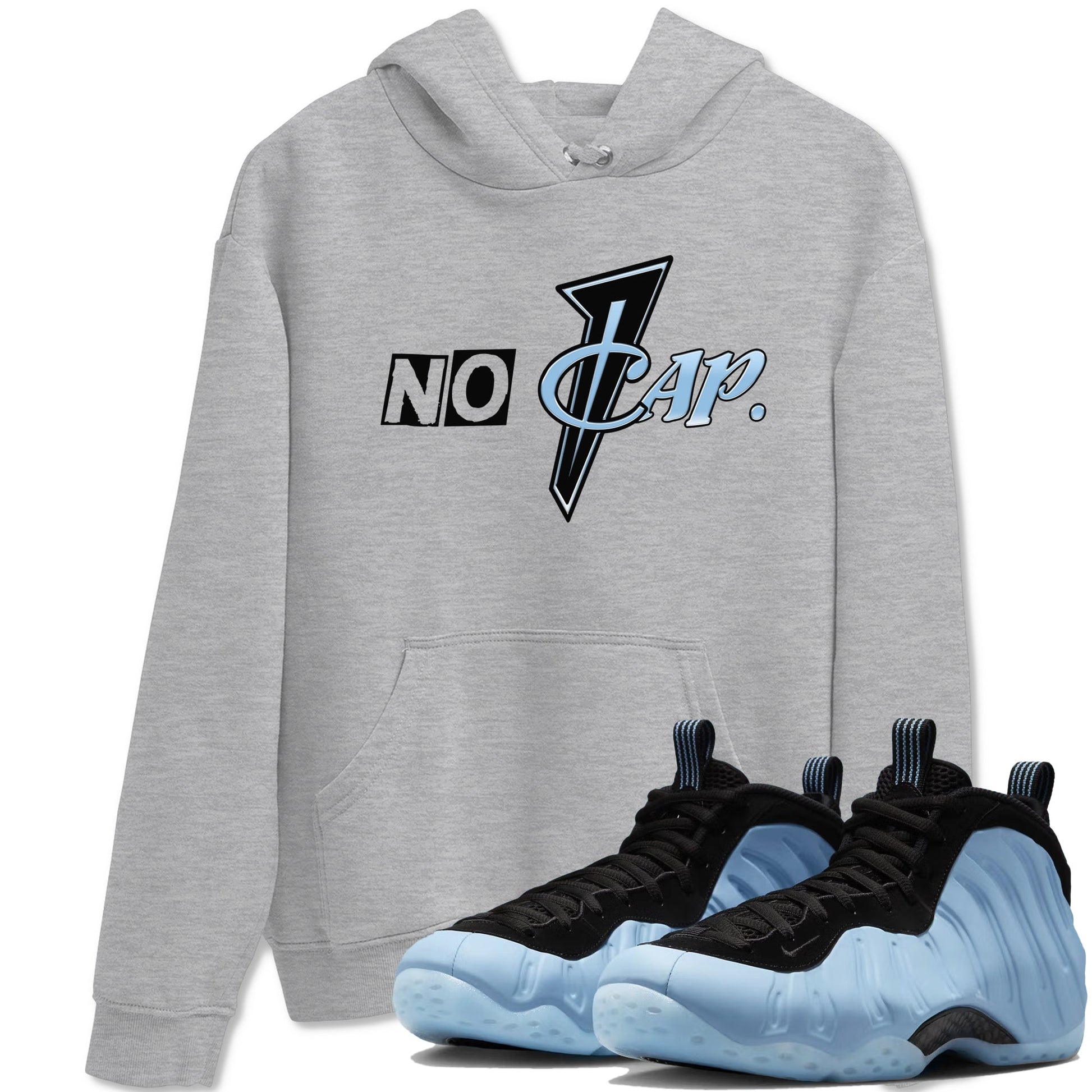 No Cap sneaker match t-shirt styled to complete your fit with the Air Foamposite One Psychic Blue sneakers, shown in Heather Grey 1.