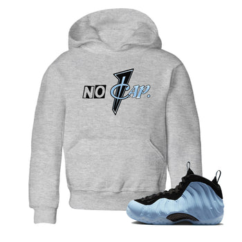 No Cap baby and kids t-shirt crafted for little sneakerheads to shine with the Air Foamposite One Psychic Blue sneakers, displayed in Heather Grey 1.