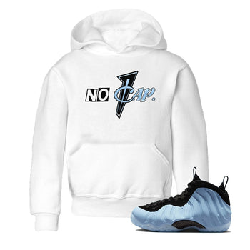 No Cap baby and kids t-shirt crafted for little sneakerheads to shine with the Air Foamposite One Psychic Blue sneakers, displayed in White 1.
