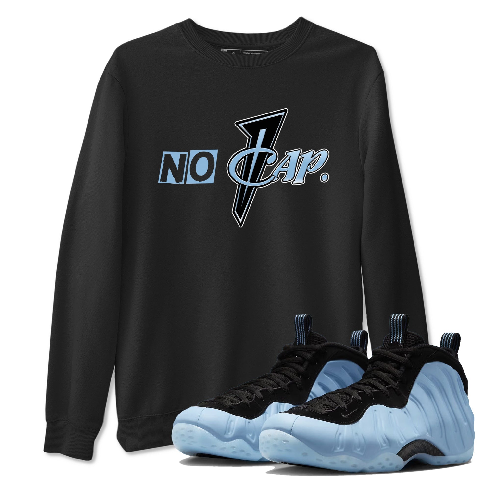 No Cap sneaker match t-shirt styled to complete your fit with the Air Foamposite One Psychic Blue sneakers, shown in Black 1.