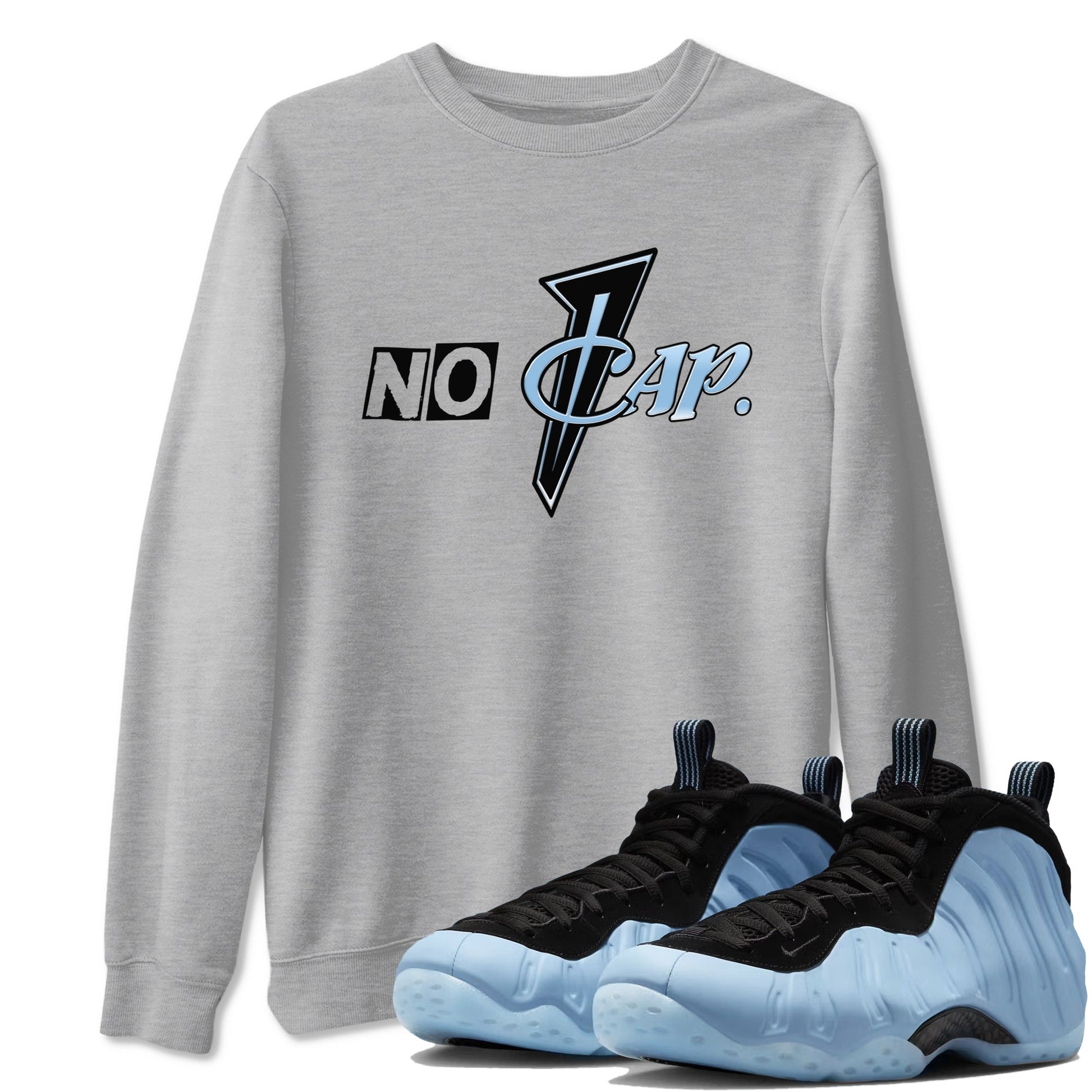 No Cap sneaker match t-shirt styled to complete your fit with the Air Foamposite One Psychic Blue sneakers, shown in Heather Grey 1.