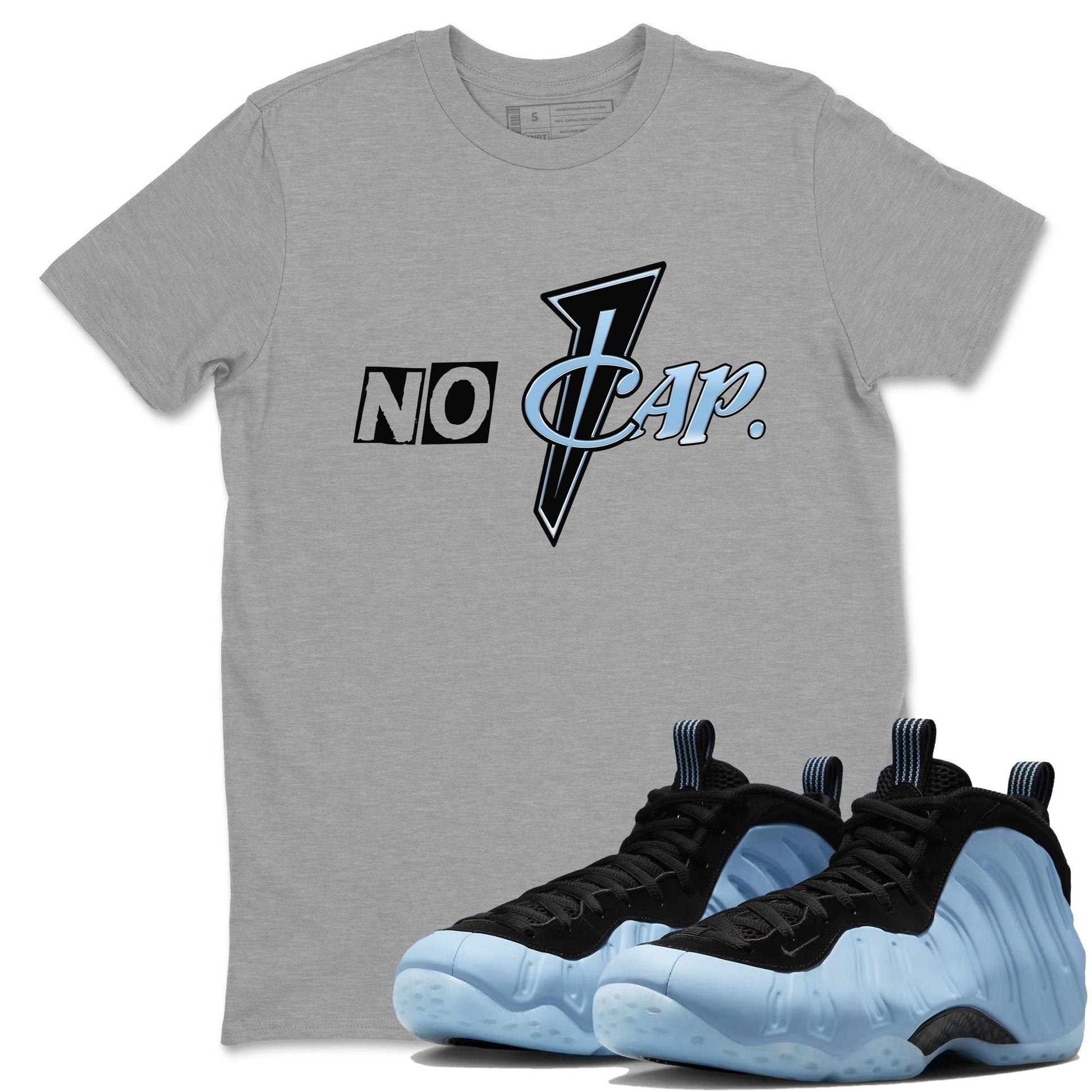 No Cap sneaker match t-shirt styled to complete your fit with the Air Foamposite One Psychic Blue sneakers, shown in Heather Grey 1.