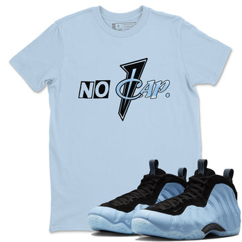 No Cap sneaker match t-shirt styled to complete your fit with the Air Foamposite One Psychic Blue sneakers, shown in Light Blue 1.