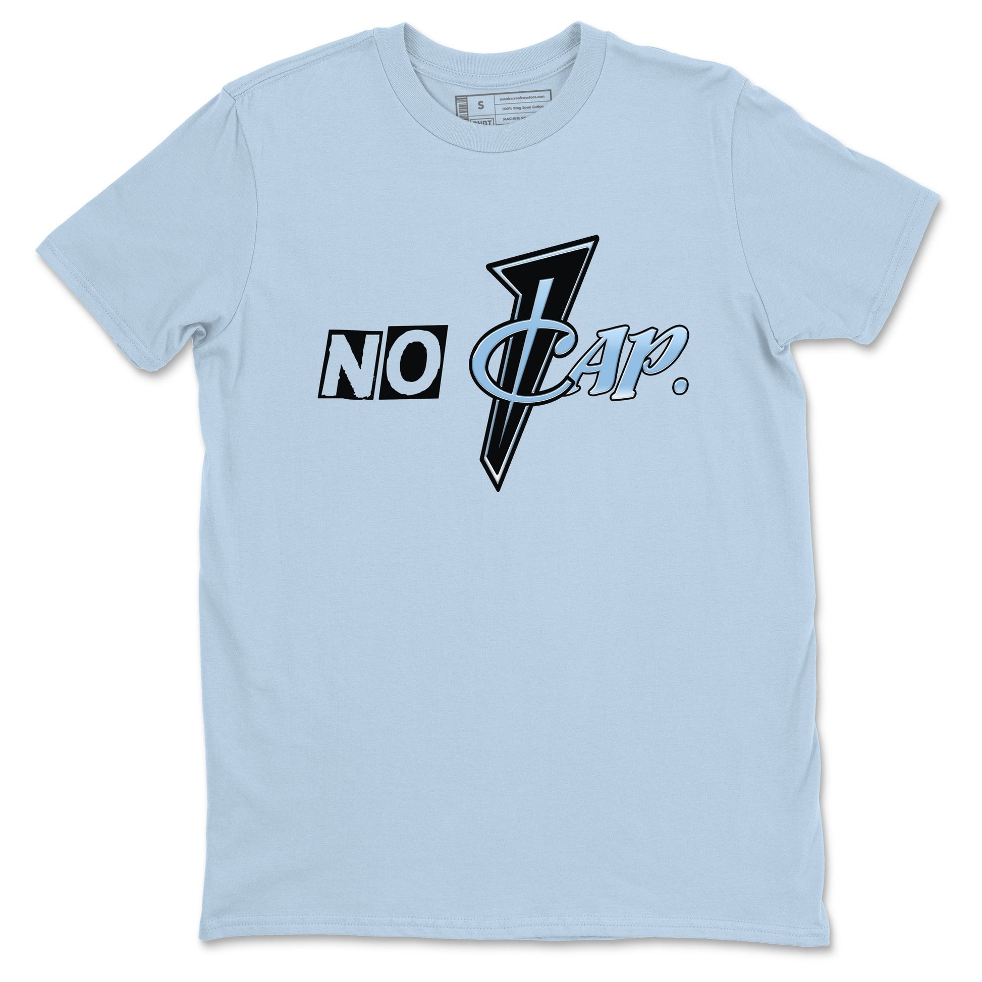 No Cap sneaker match t-shirt styled to complete your fit with the Air Foamposite One Psychic Blue sneakers, shown in Light Blue 2.