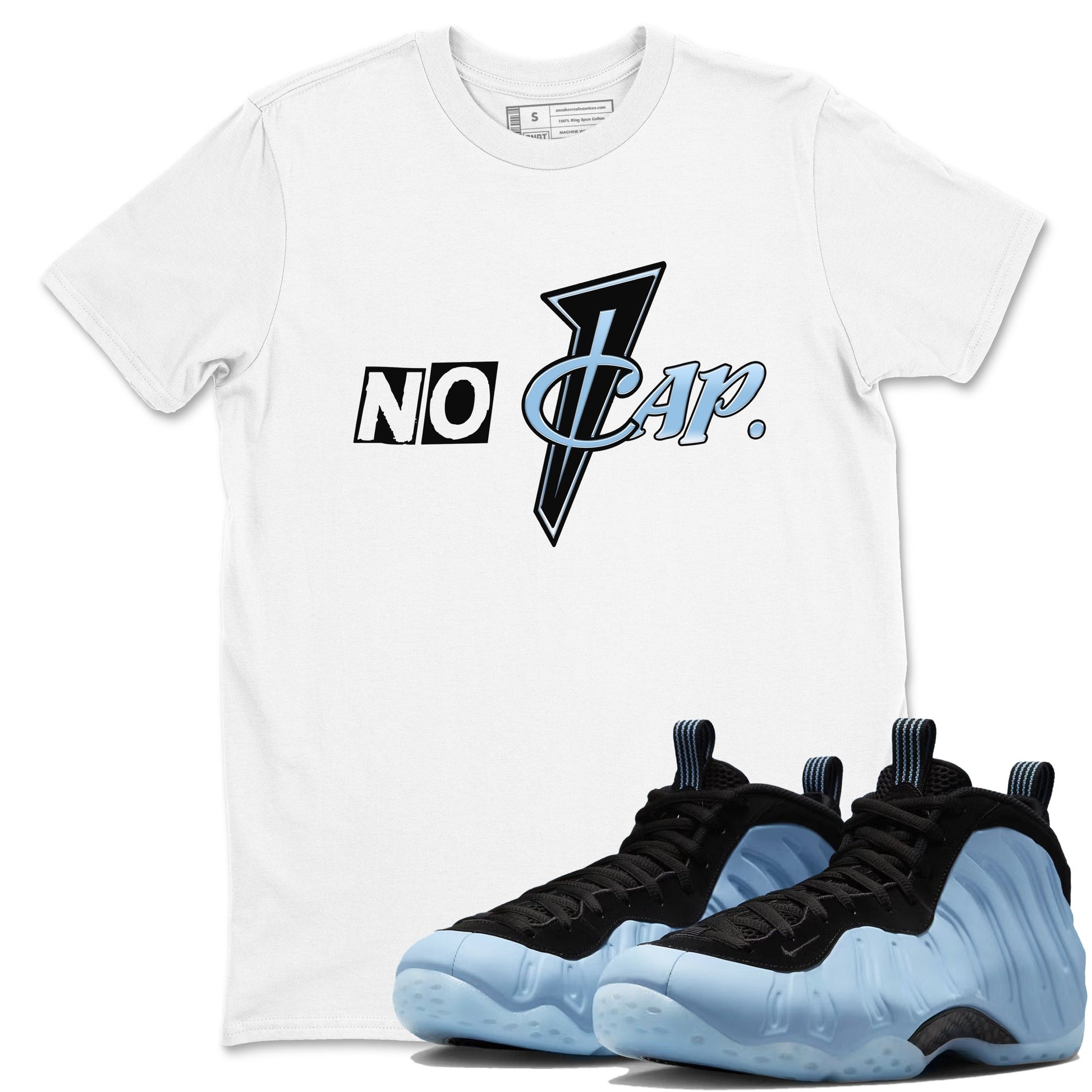 No Cap sneaker match t-shirt styled to complete your fit with the Air Foamposite One Psychic Blue sneakers, shown in White 1.