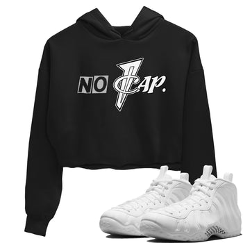 No Cap womens crop tee made to vibe with the Air Foamposite One Triple White sneakers — the perfect match in Black 1.