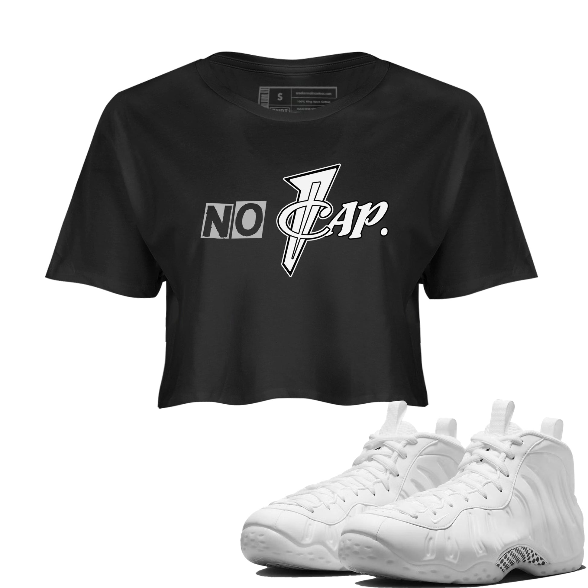 No Cap womens crop tee made to vibe with the Air Foamposite One Triple White sneakers — the perfect match in Black 1.