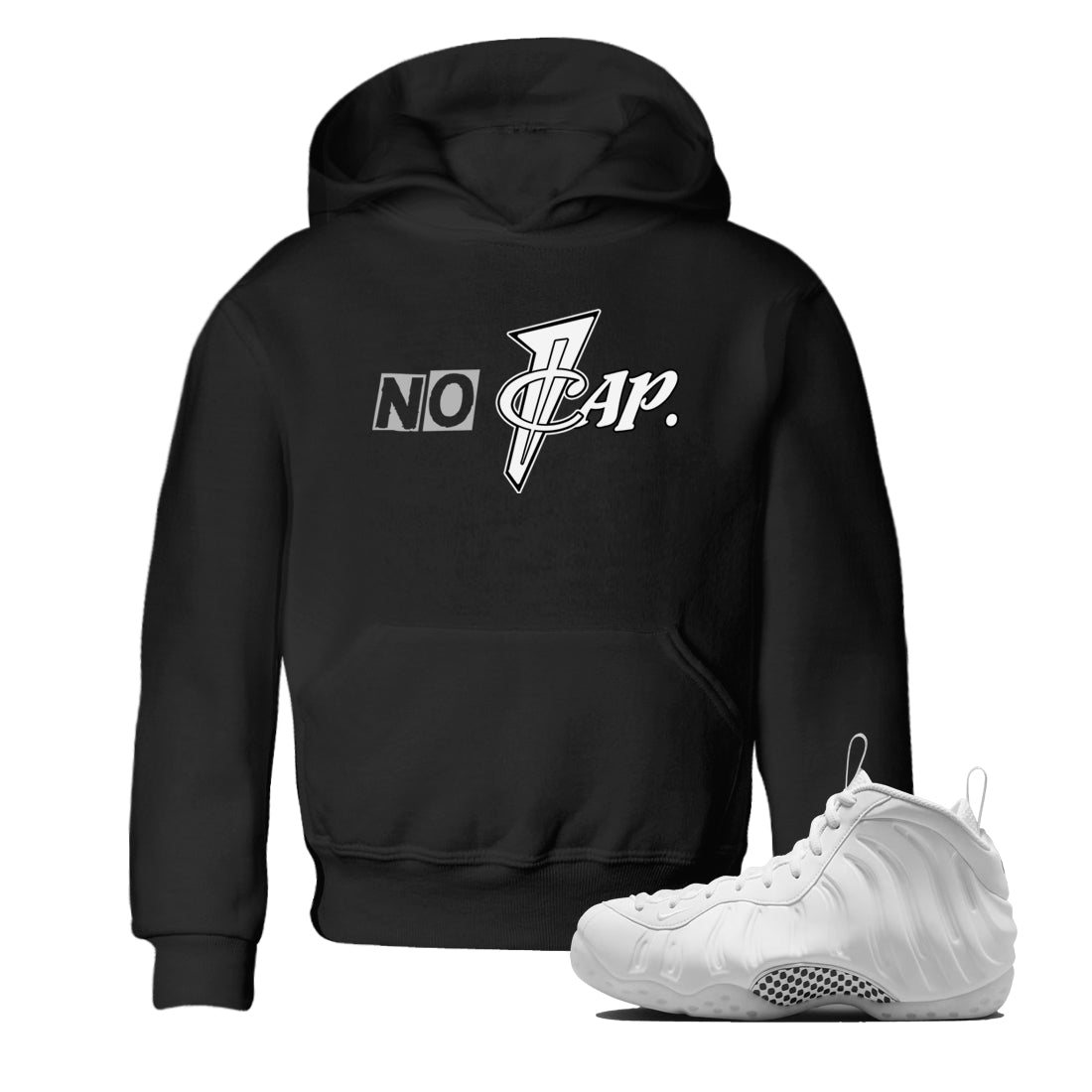 No Cap baby and kids t-shirt crafted for little sneakerheads to shine with the Air Foamposite One Triple White sneakers, displayed in Black 1.