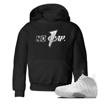 No Cap baby and kids t-shirt crafted for little sneakerheads to shine with the Air Foamposite One Triple White sneakers, displayed in Black 1.