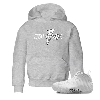 No Cap baby and kids t-shirt crafted for little sneakerheads to shine with the Air Foamposite One Triple White sneakers, displayed in Heather Grey 1.