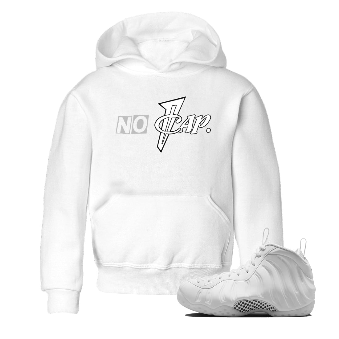 No Cap baby and kids t-shirt crafted for little sneakerheads to shine with the Air Foamposite One Triple White sneakers, displayed in White 1.