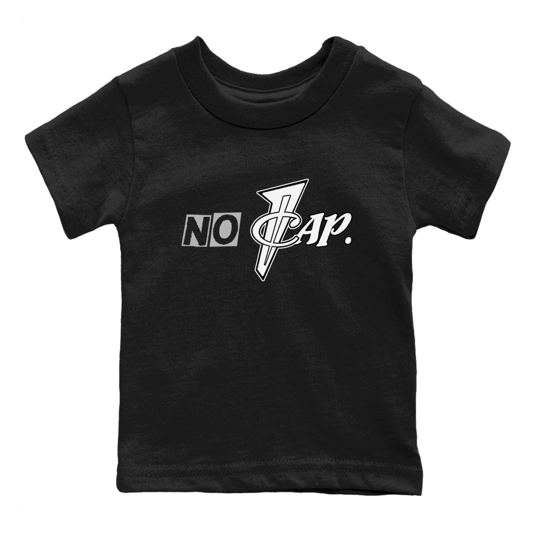 No Cap baby and kids t-shirt crafted for little sneakerheads to shine with the Air Foamposite One Triple White sneakers, displayed in Black 2.