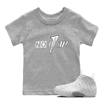 No Cap baby and kids t-shirt crafted for little sneakerheads to shine with the Air Foamposite One Triple White sneakers, displayed in Heather Grey 1.