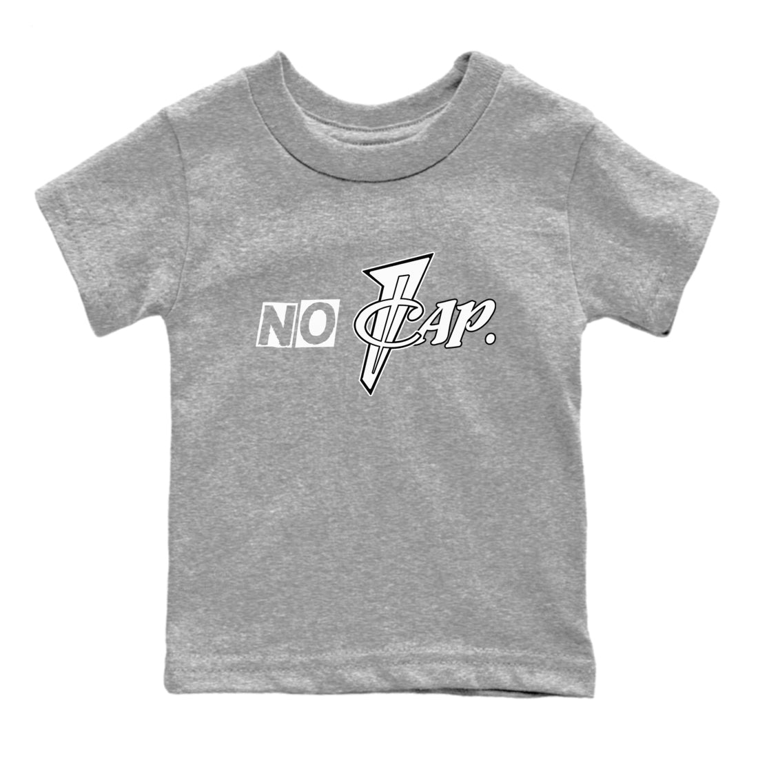 No Cap baby and kids t-shirt crafted for little sneakerheads to shine with the Air Foamposite One Triple White sneakers, displayed in Heather Grey 2.