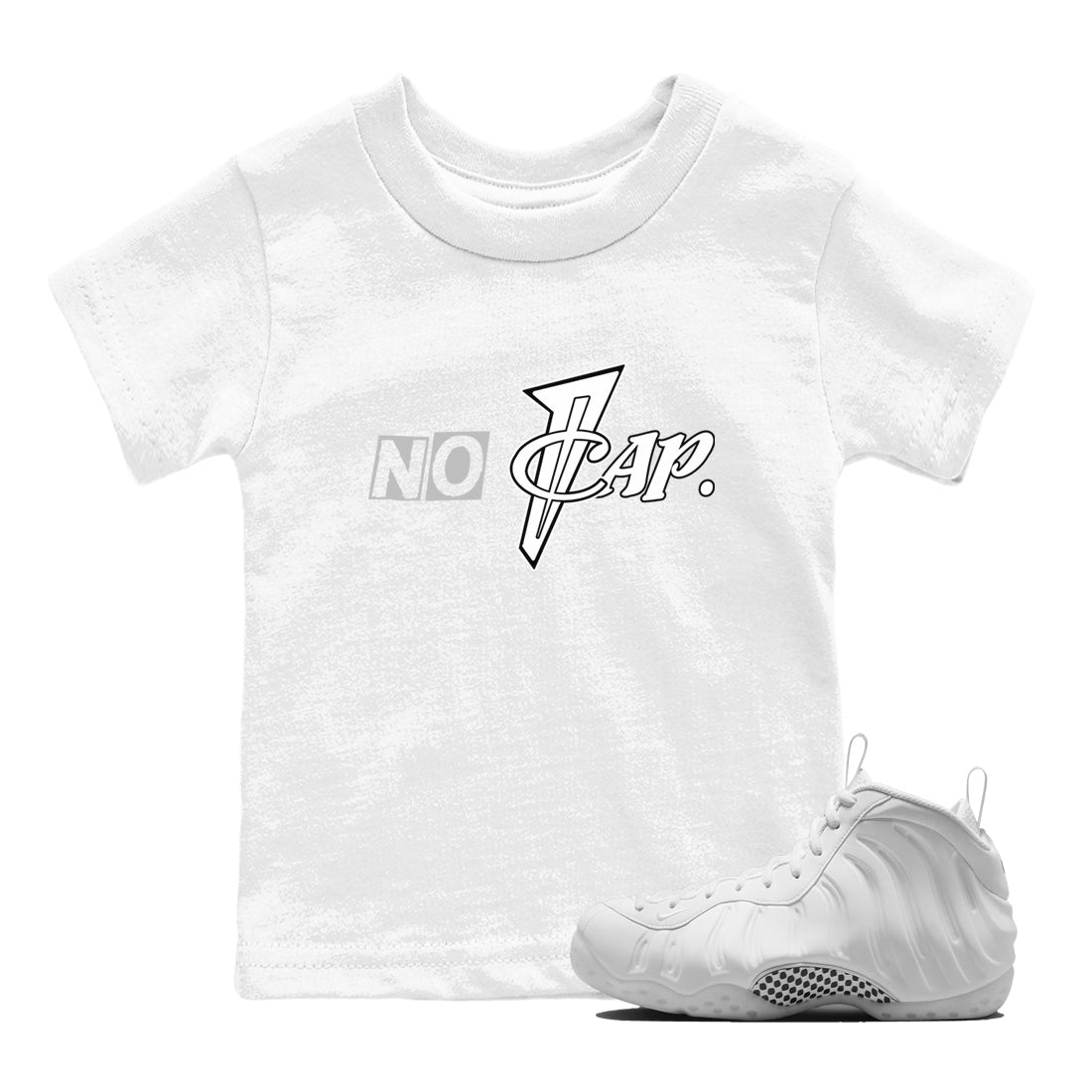 No Cap baby and kids t-shirt crafted for little sneakerheads to shine with the Air Foamposite One Triple White sneakers, displayed in White 1.