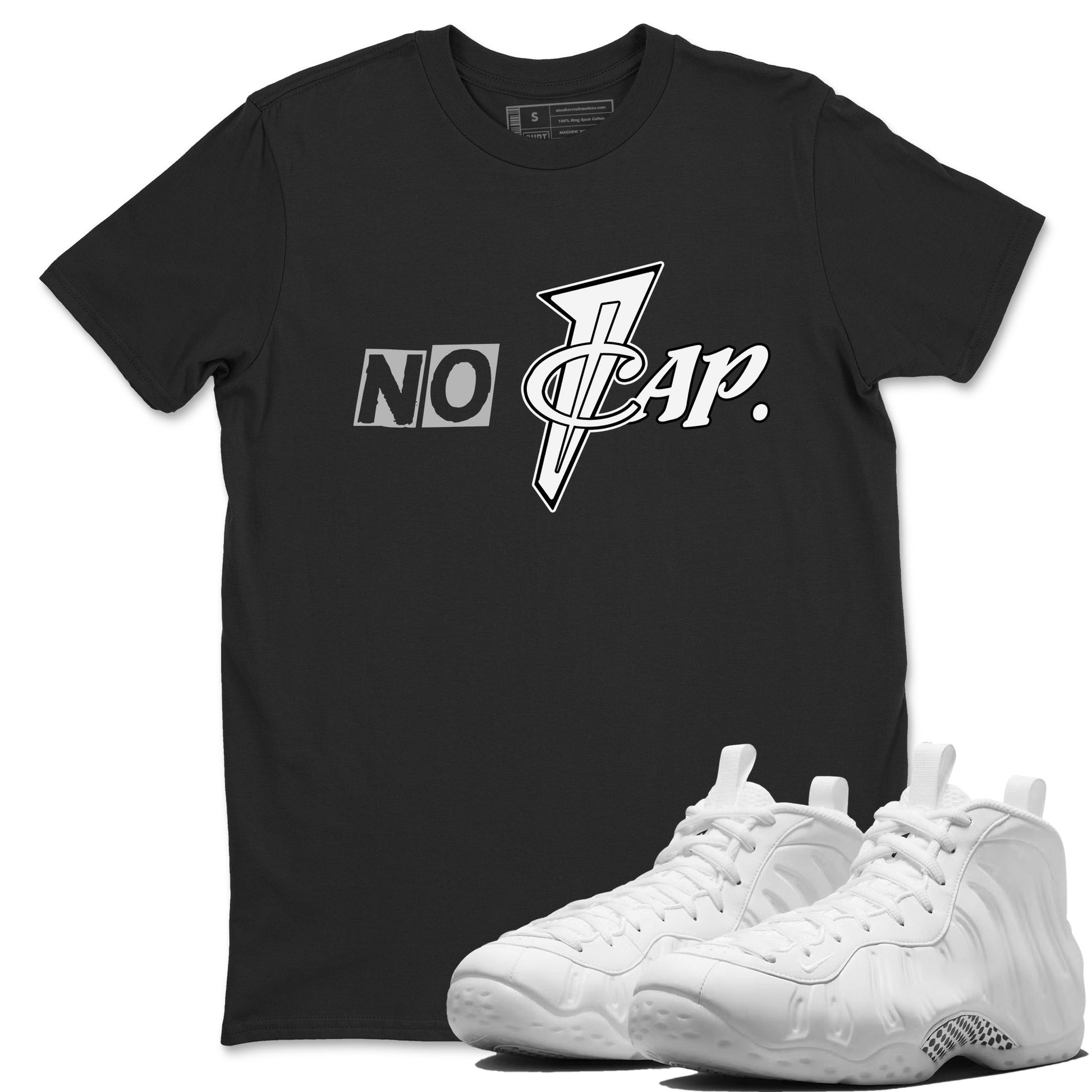 No Cap sneaker match t-shirt styled to complete your fit with the Air Foamposite One Triple White sneakers, shown in Black 1.
