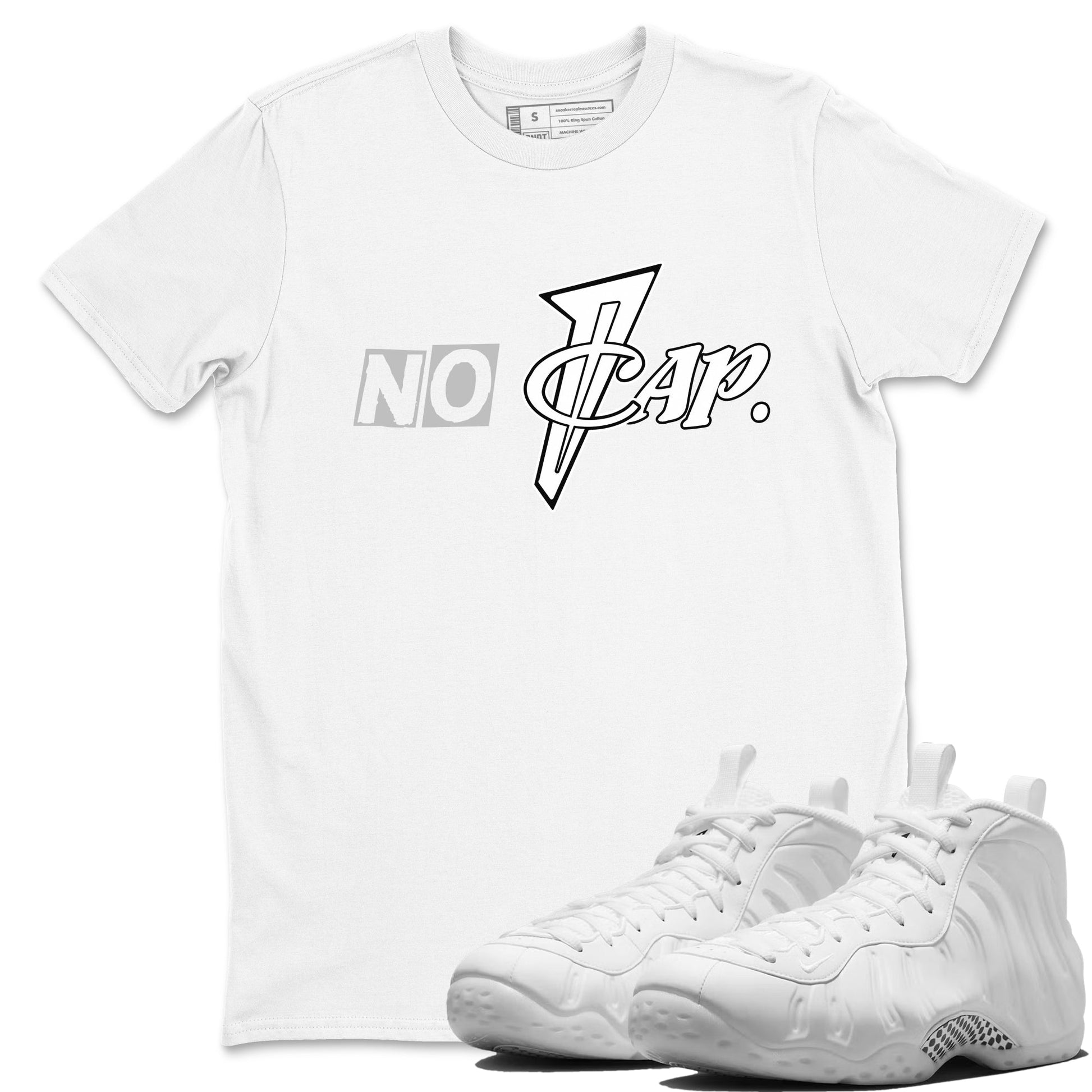 No Cap sneaker match t-shirt styled to complete your fit with the Air Foamposite One Triple White sneakers, shown in White 1.