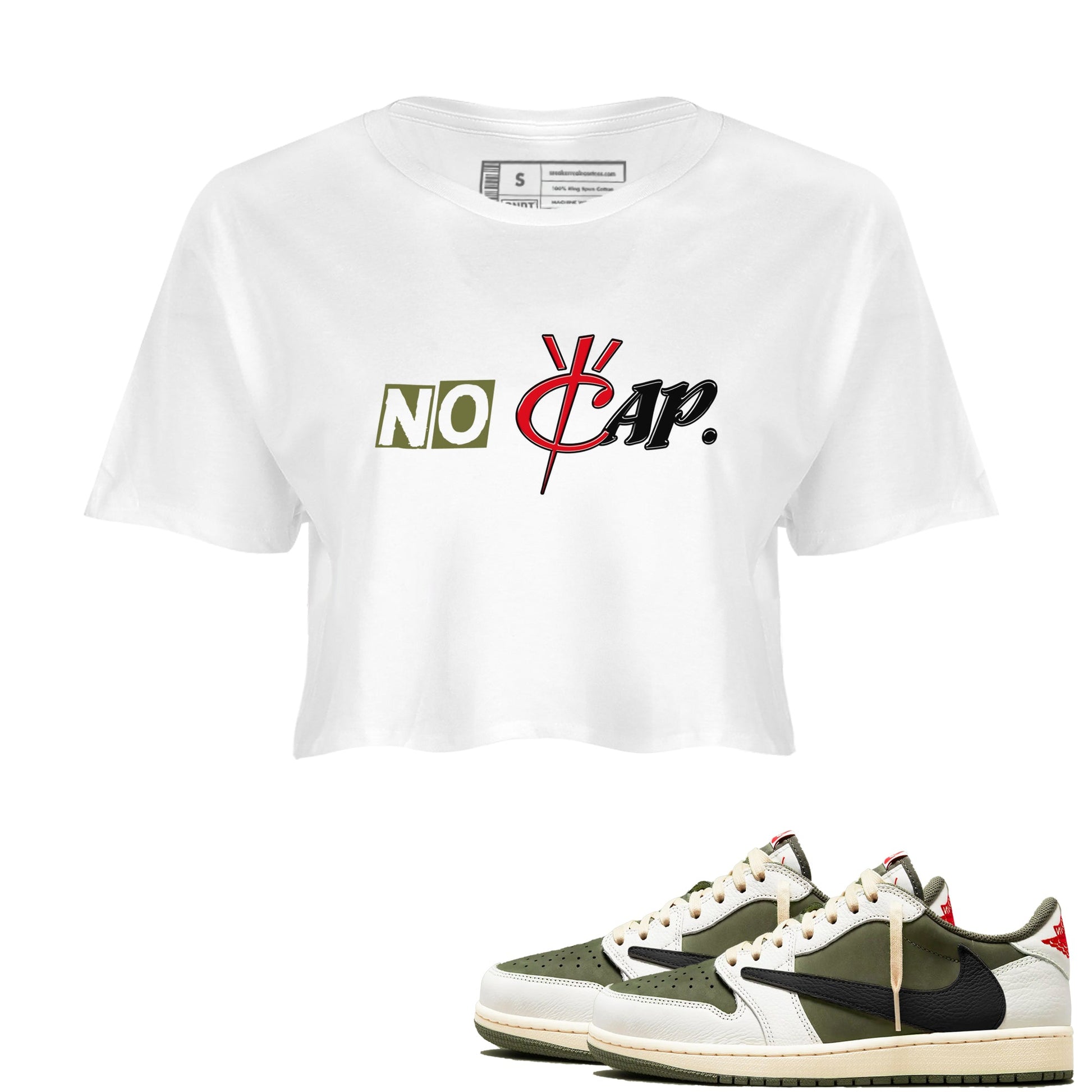 1s Travis Scott Medium Olive shirts to match jordans No Cap sneaker match tees Air Jordan 1 Travis Scott Medium Olive match shoes to clothes SNRT Sneaker Tees unisex cotton White 1 crop tee