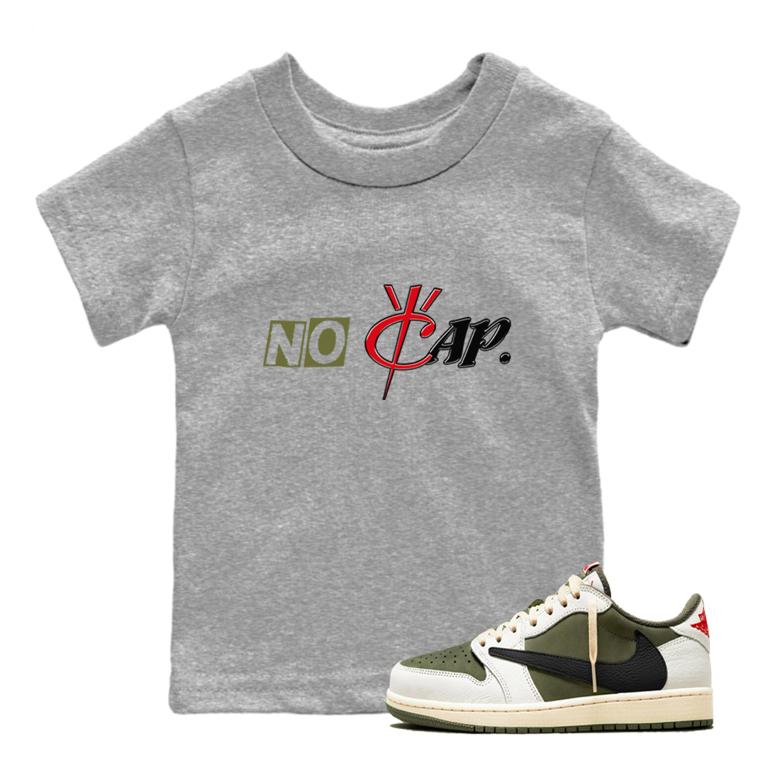 1s Travis Scott Medium Olive shirts to match jordans No Cap sneaker match tees Air Jordan 1 Travis Scott Medium Olive match shoes to clothes SNRT Sneaker Tees Youth Baby Heather Grey 1 tee