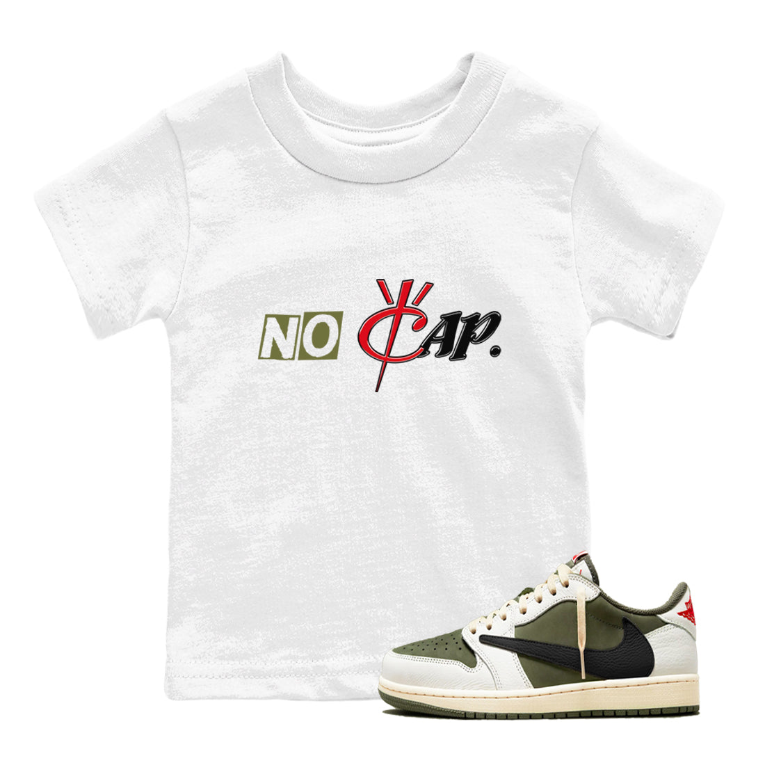 1s Travis Scott Medium Olive shirts to match jordans No Cap sneaker match tees Air Jordan 1 Travis Scott Medium Olive match shoes to clothes SNRT Sneaker Tees Youth Baby White 1 tee