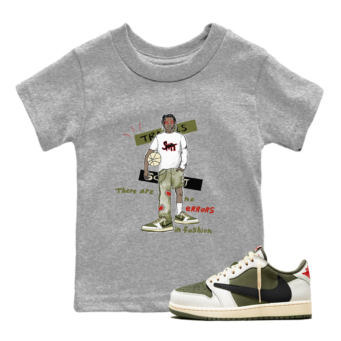 1s Travis Scott Medium Olive shirts to match jordans No Errors In Fashion sneaker match tees Air Jordan 1 Travis Scott Medium Olive SNRT Sneaker Tees streetwear brand Baby and Youth Heather Grey 1 cotton tee