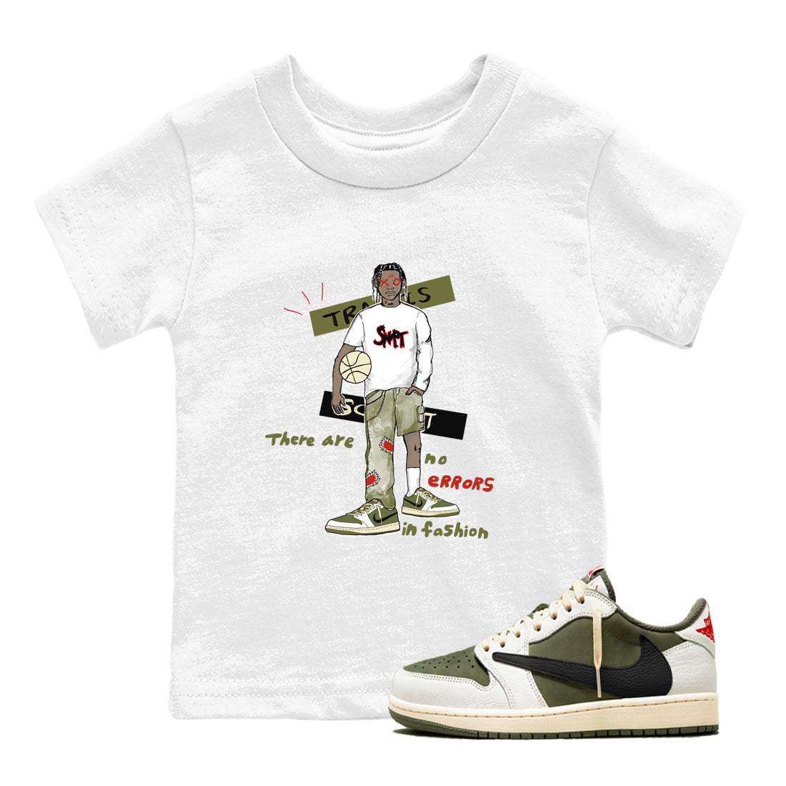 1s Travis Scott Medium Olive shirts to match jordans No Errors In Fashion sneaker match tees Air Jordan 1 Travis Scott Medium Olive SNRT Sneaker Tees streetwear brand Baby and Youth White 1 cotton tee