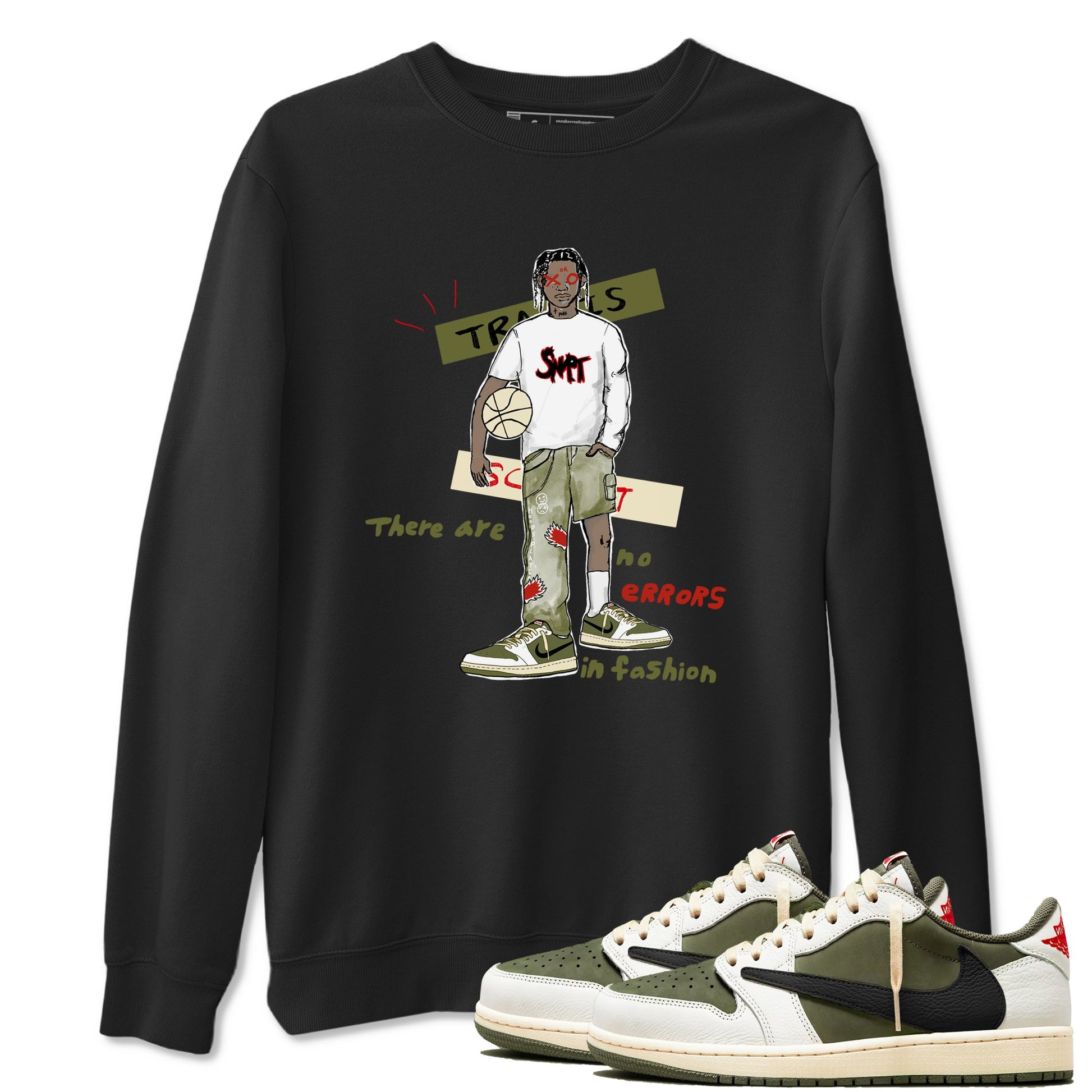 1s Travis Scott Medium Olive shirts to match jordans No Errors In Fashion sneaker match tees Air Jordan 1 Travis Scott Medium Olive SNRT Sneaker Tees streetwear brand Black 1 unisex cotton tee